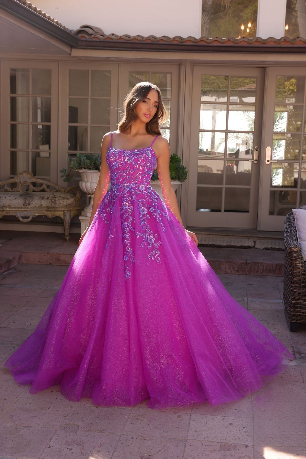 Dazzling Sequins Embellished Long Prom Dress w/ Voluminous Skirt & Spaghetti Straps NXH1464