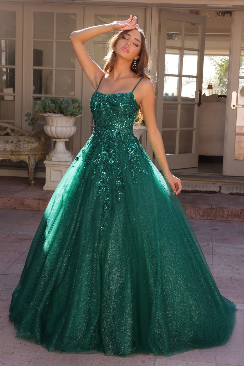 Dazzling Sequins Embellished Long Prom Dress w/ Voluminous Skirt & Spaghetti Straps NXH1464