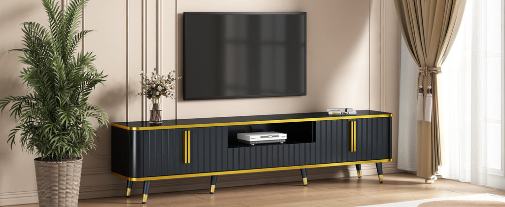 ON-TREND Luxury Minimalism TV Stand with Open Storage Shelf for TVs Up to 85', Entertainment Center with Cabinets and Drawers, Practical Media Console with Unique Legs for Living Room, Black