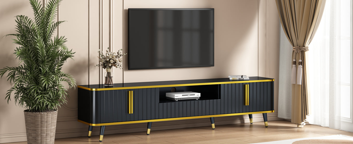 ON-TREND Luxury Minimalism TV Stand with Open Storage Shelf for TVs Up to 85', Entertainment Center with Cabinets and Drawers, Practical Media Console with Unique Legs for Living Room, Black