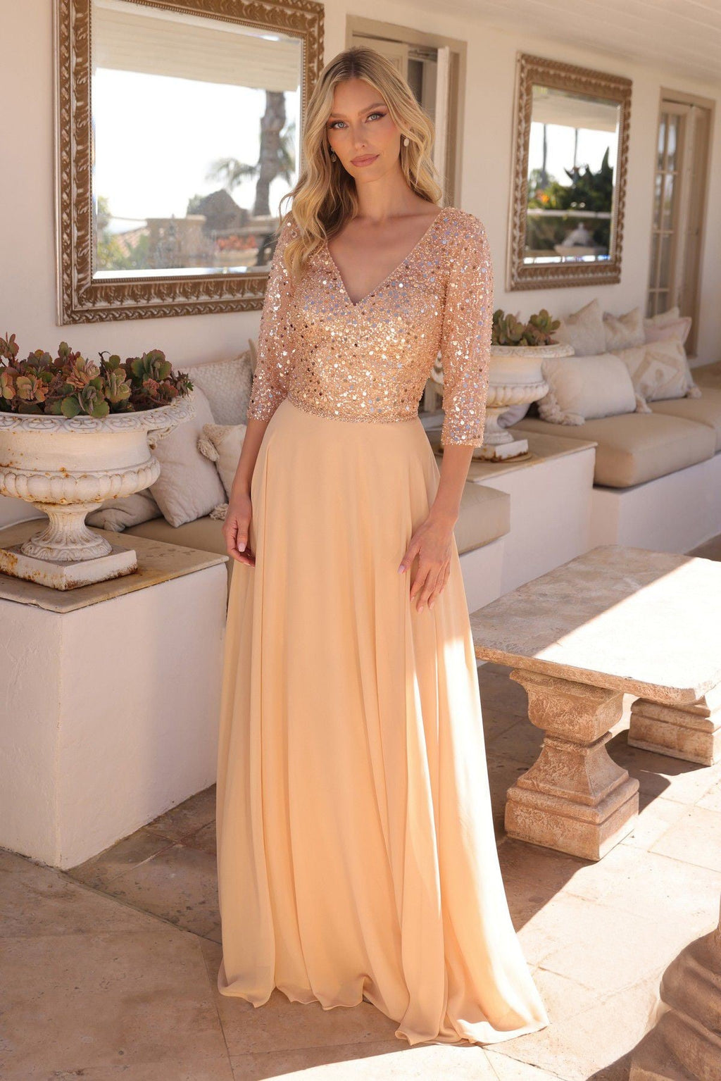 Sequins Embellihsed Long Mother Of Bride Gown w/ 3/4 Sleevess & V-Neckline NXMF103