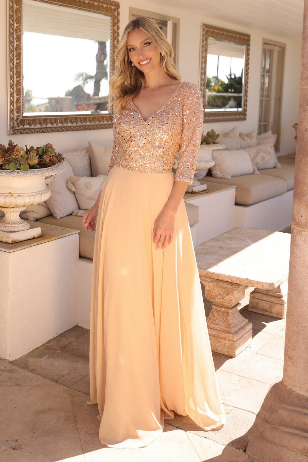 Sequins Embellihsed Long Mother Of Bride Gown w/ 3/4 Sleevess & V-Neckline NXMF103