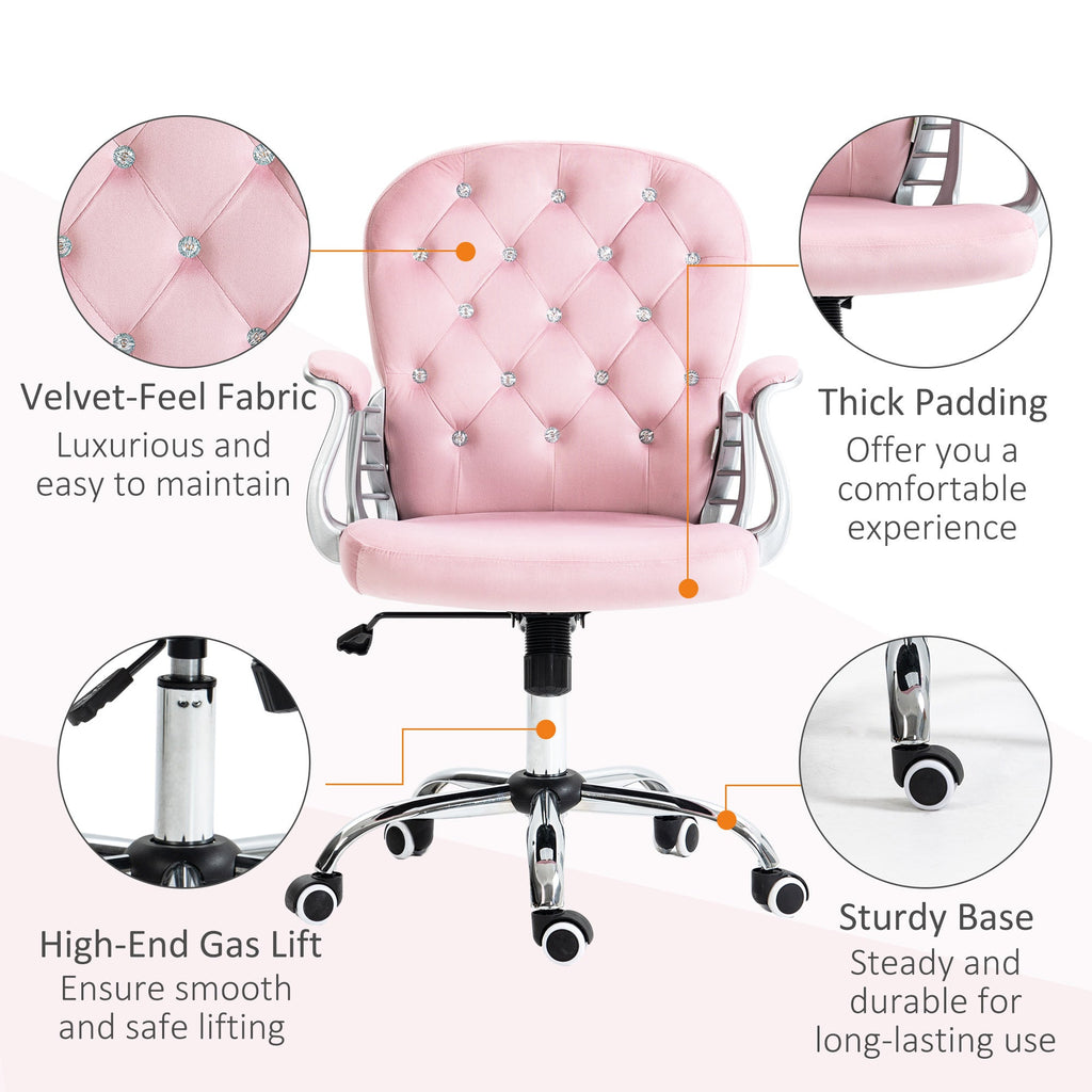 Vinsetto Velvet Home Office Chair, Button Tufted Desk Chair with Padded Armrests, Adjustable Height and Swivel Wheels, Pink