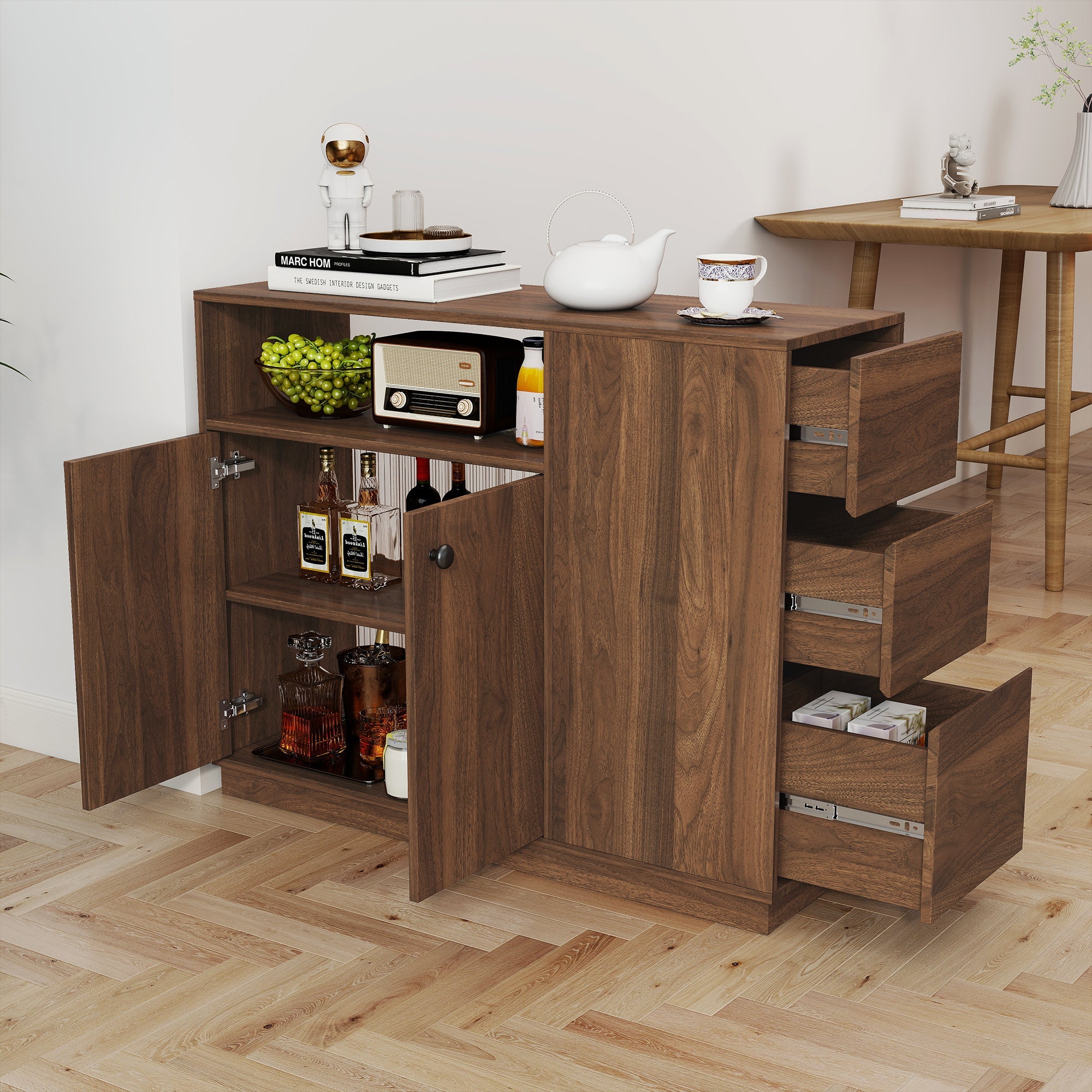 Kitchen Sideboard, Small  Countertop Organizer, Tabletop Cabinet with 2 Glass Sliding Door,3 Side Drawers & 1 small display shelves, Counter Cabinet for Kitchen, Living Room, Dinning Area