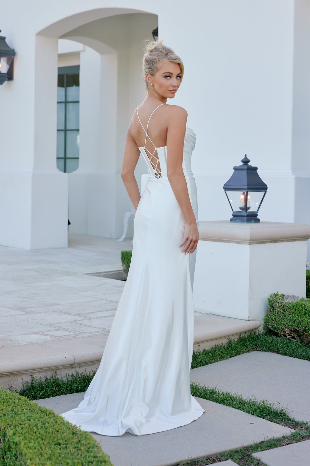 Sleeveless Sheath Soft Satin Bridal Gown w/ Draped Cowl Neckline & Elegant Leg Slit NXE1042W