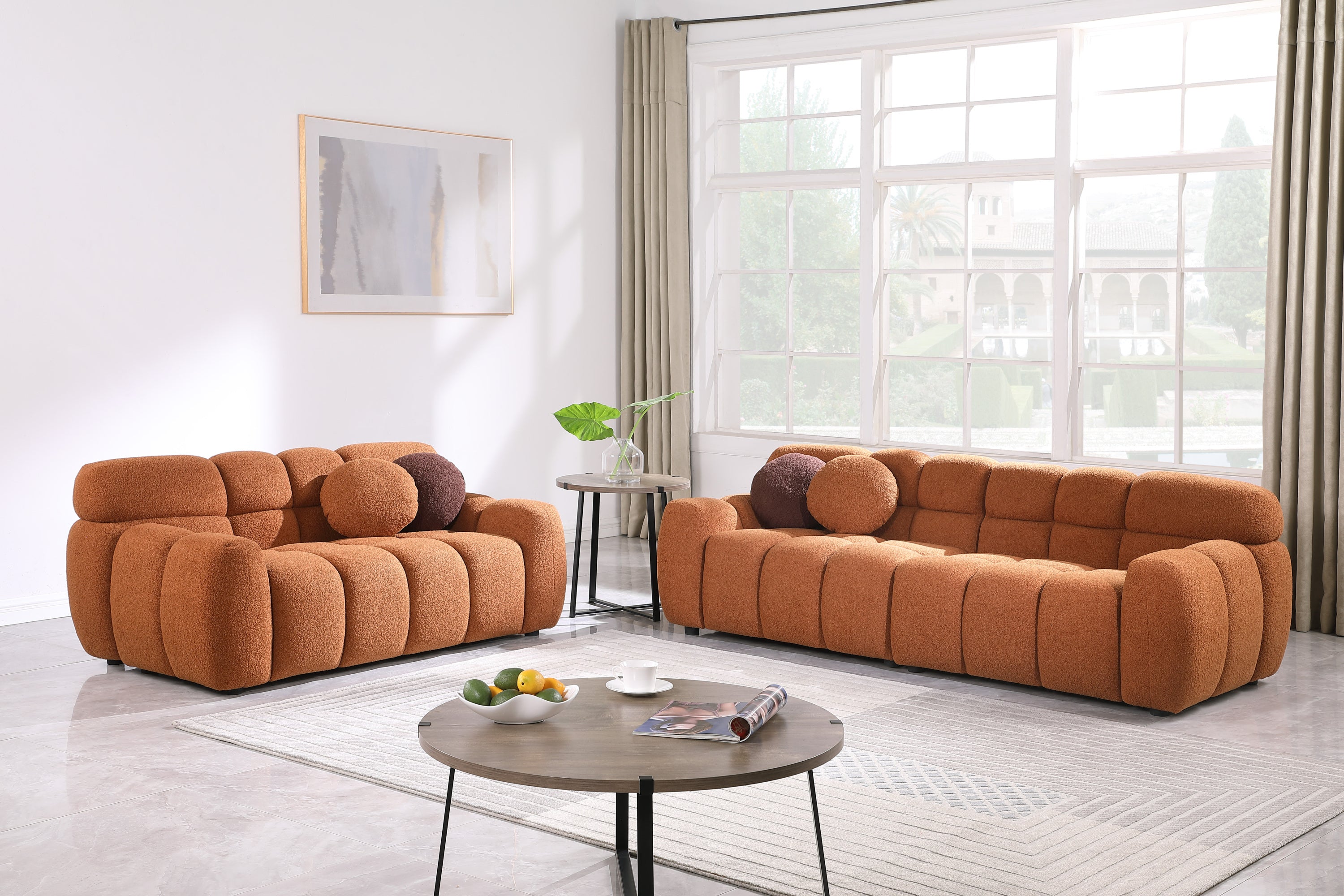 87.4 length ,35.83' deepth ,human body structure for USA people,  marshmallow sofa,boucle sofa ,3 seater, LIGHT BROWN   BOUCLE