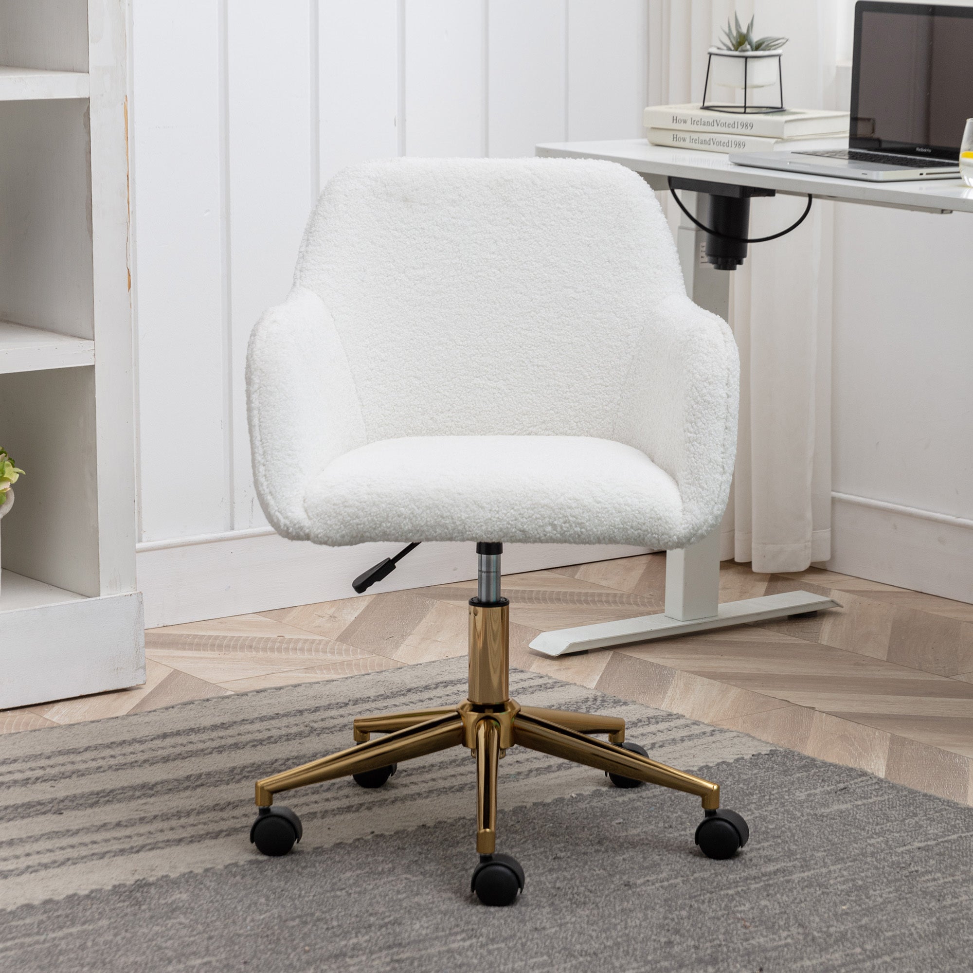 Modern Home Office Chair with Adjustable Height and Gold Metal Legs, White Teddy Fabric