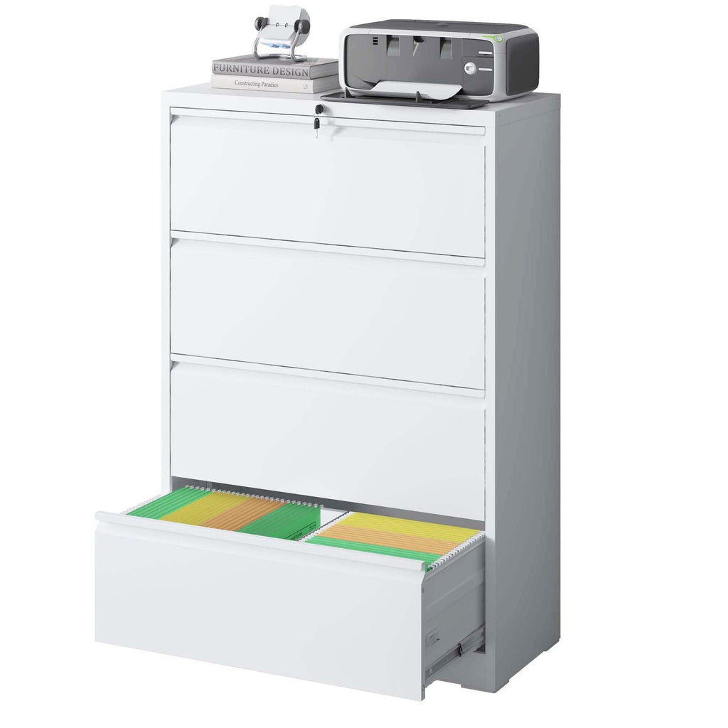 Modern Steel 4-Drawer Lateral File Cabinet with Lock, White Finish, Metal Construction, 35.43x15.75x52.28 inches