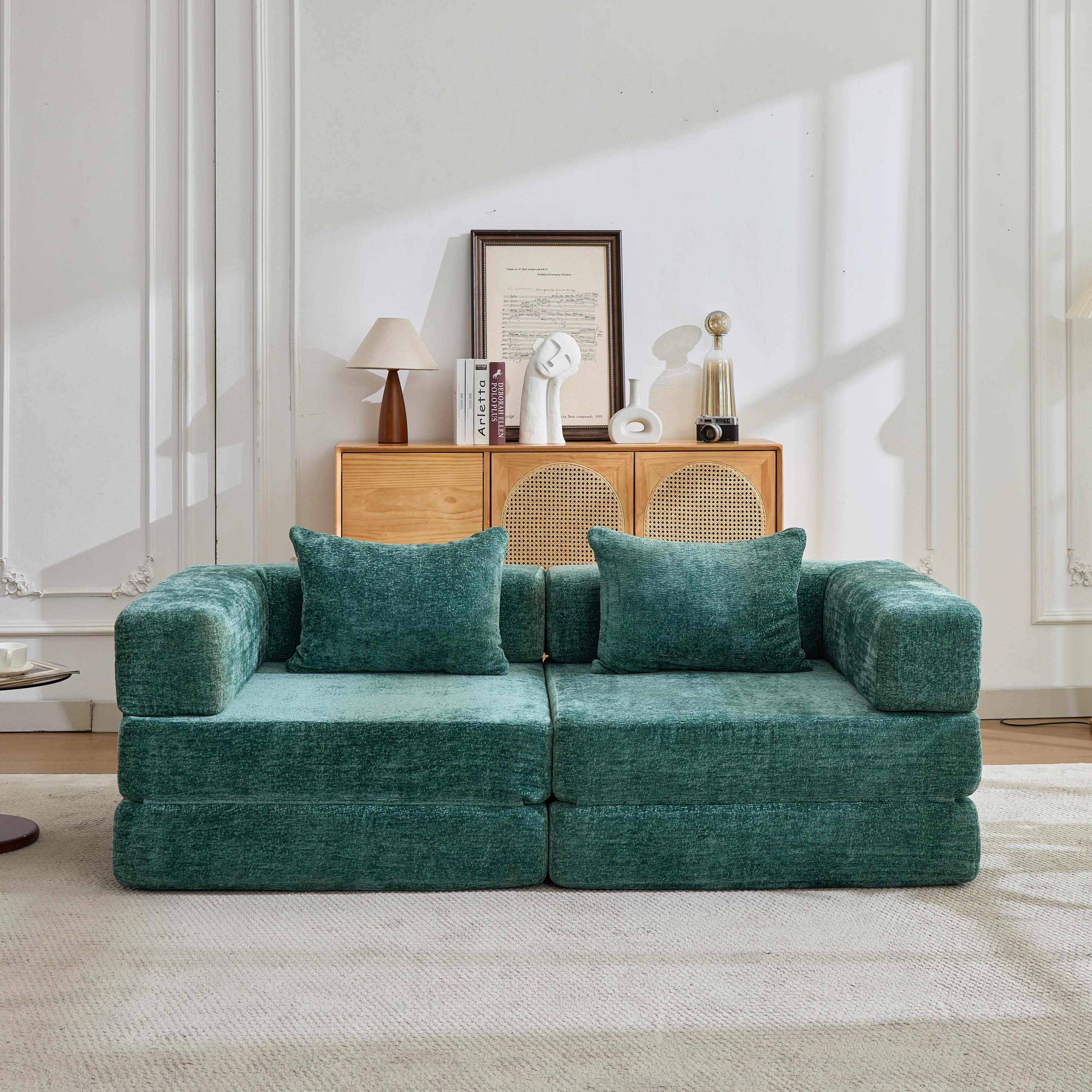 Compression Sofa,Convertible Floor Sofa Bed with Fixed-Shape Frame, Loveseats Boneless Modular Sectional Sofa,No Assembly Required,Chenille fabric,for Living Room Bedroom,Dark Green