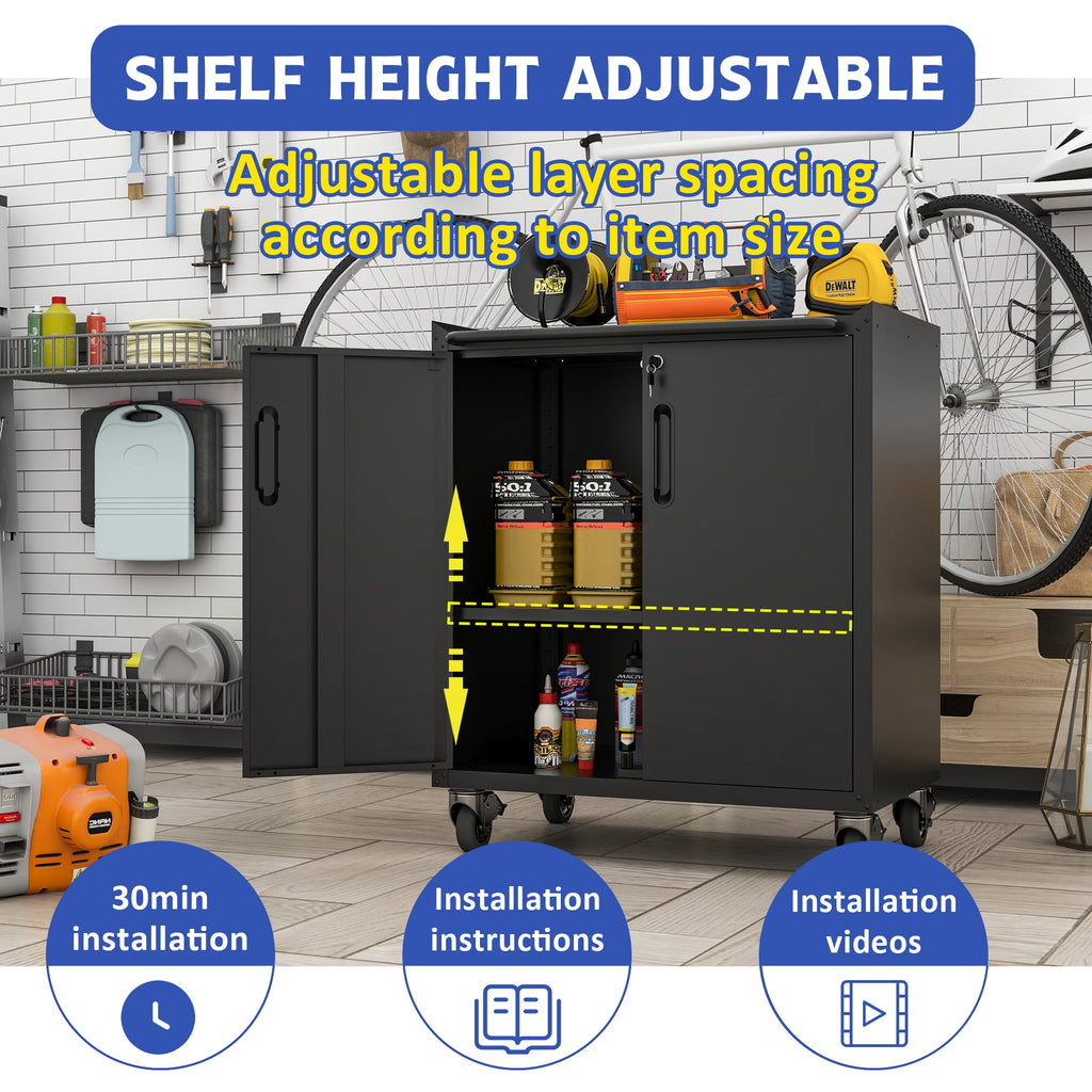 Heavy-Duty Metal Garage Storage Cabinet with Wheels - Sturdy Tool Storage Solution in Black Steel, 29.53x17.72x34.65 inches