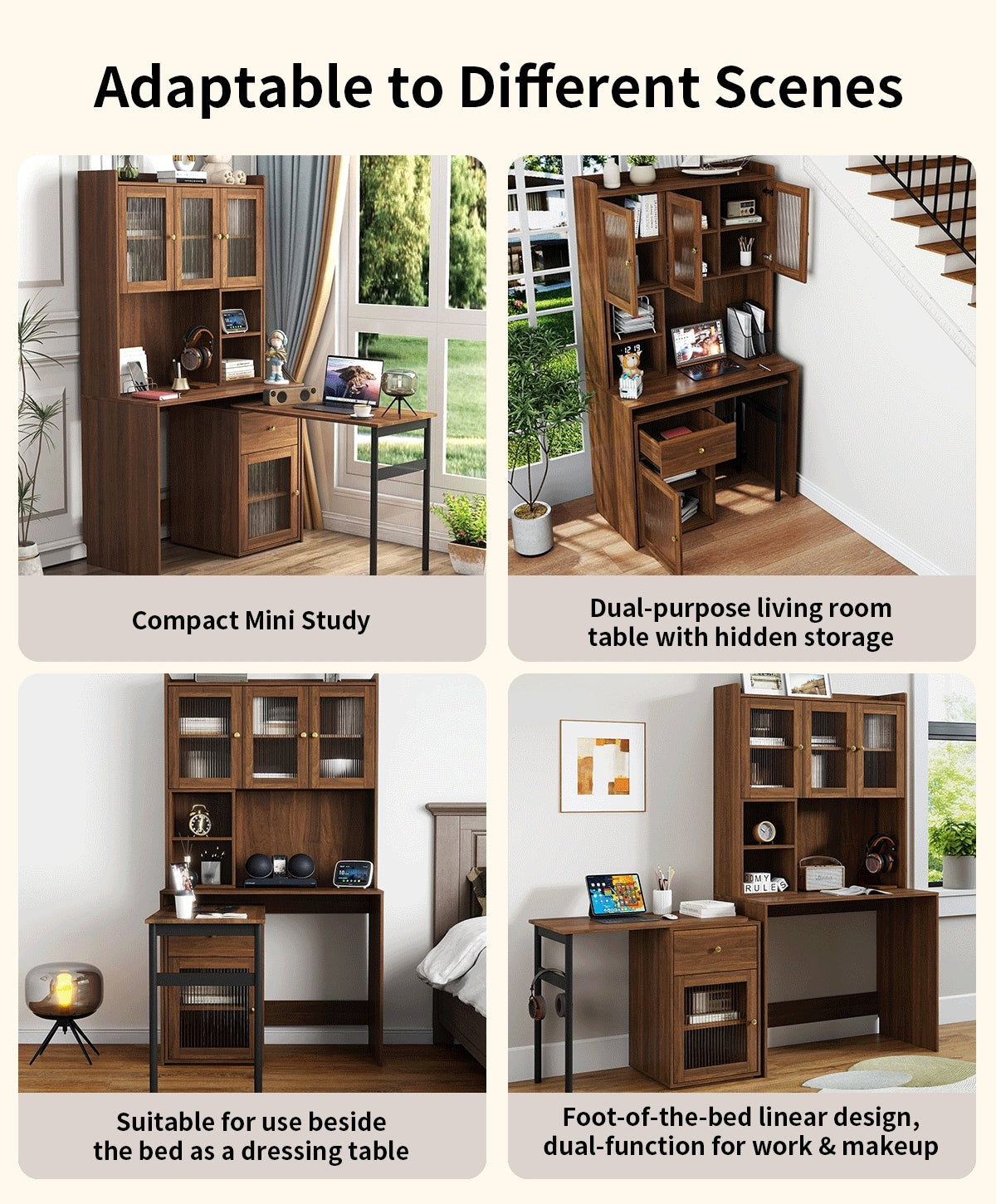 Computer Desk with glass door for Home Office or Study desk,  Bookshelf & Hutch, Computer Desk with 90 Degree Rotating Desktop,Large Working Space