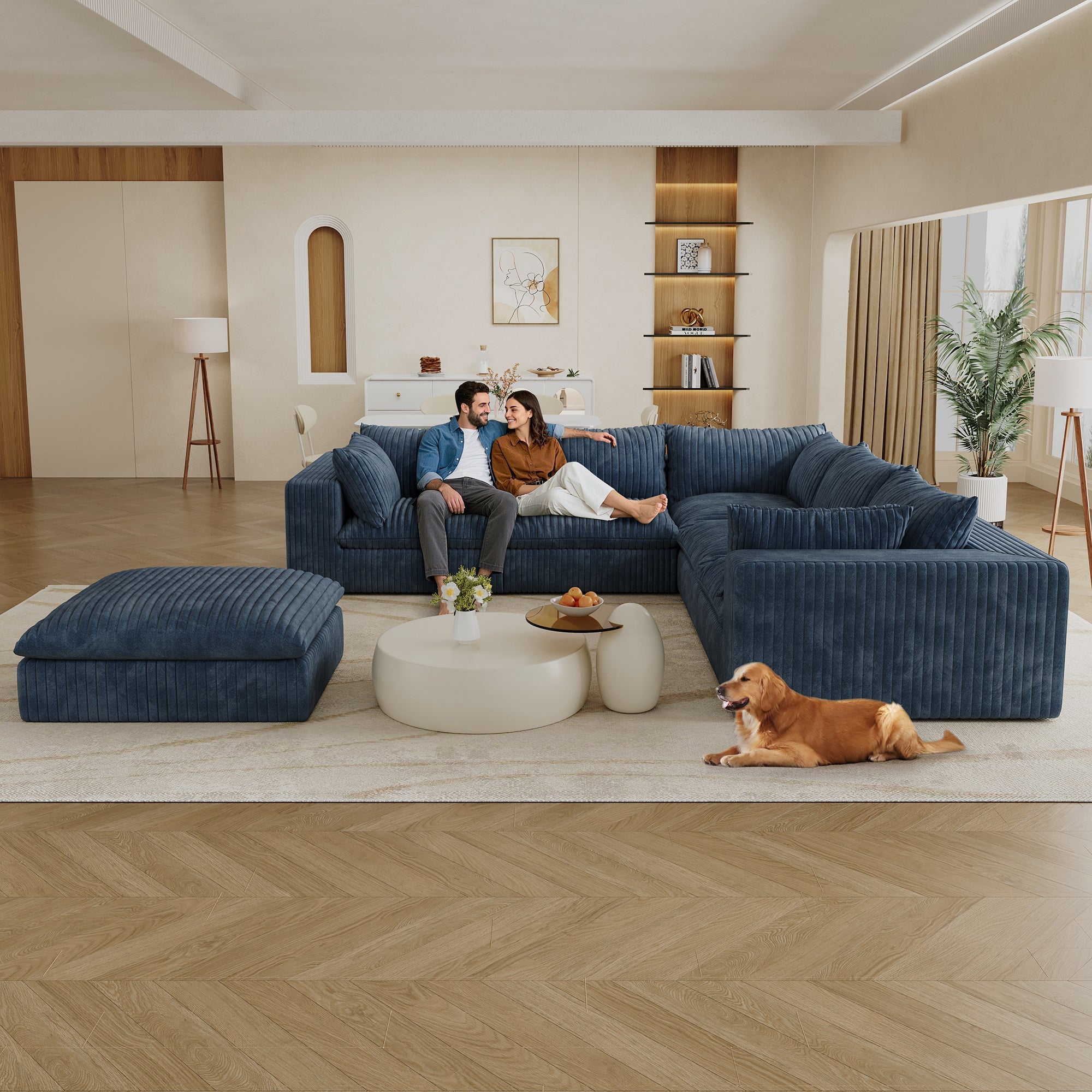 118.2' Cloud Sofa,Corduroy Fabric,Deep Seat Couches,Double-layer design,Removable Cushion,No Assembly, DIY Combination for Living room, Bedroom,Conference room ,Apartment,Blue