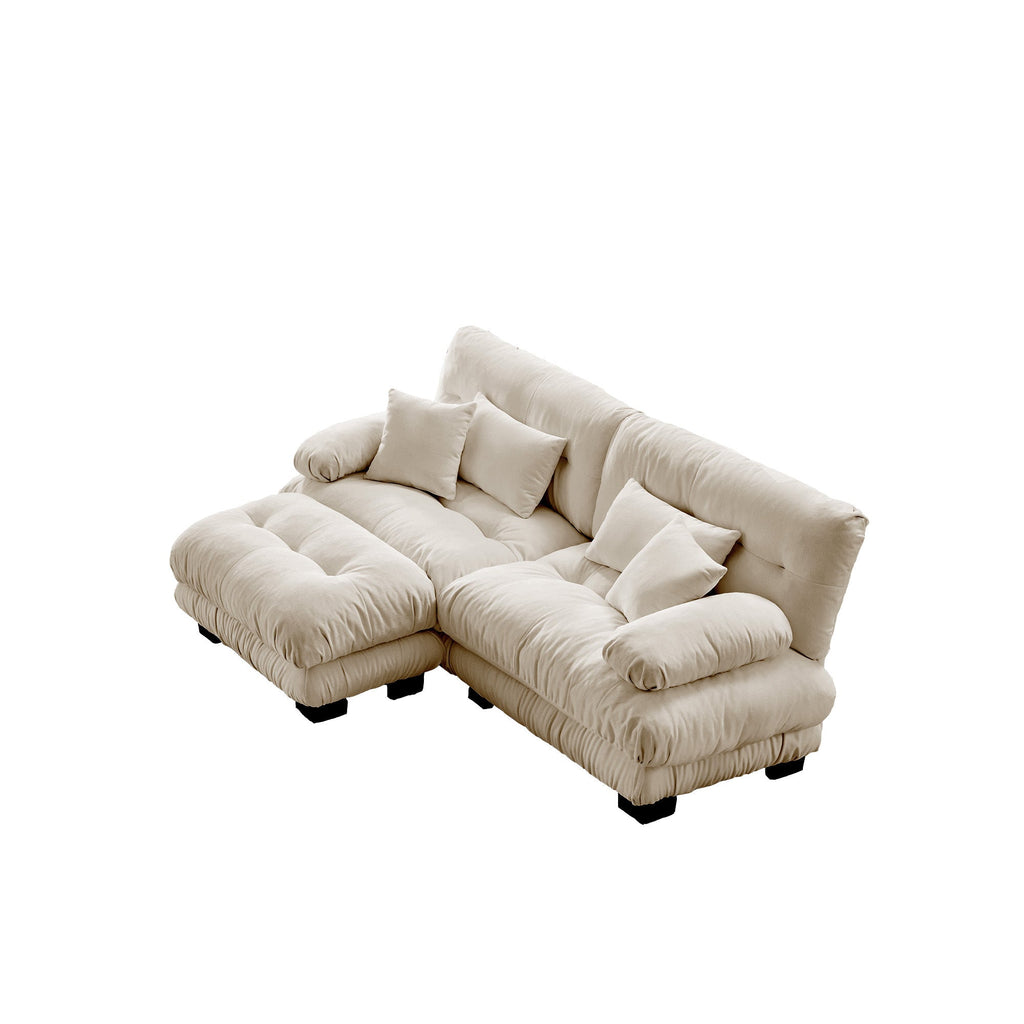 Cloud Couch Sectional Sofa for Living Room, Chenille 2 Seater Sofa with 2 Lumbar pillows and 2 throw pillows , Upholstered Wide Arm Sofa with Convertible Ottoman,Chenille Light coffee