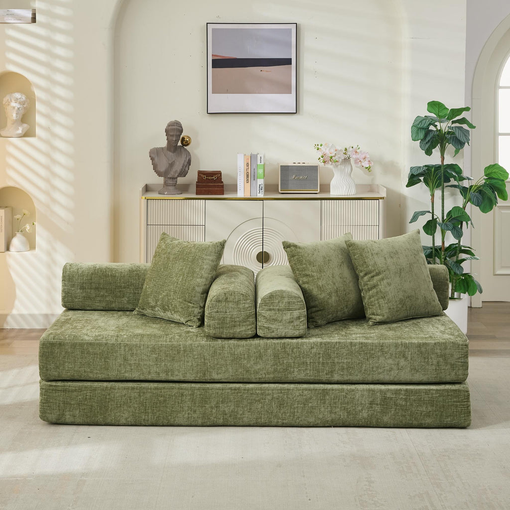 Comfy Convertible Folding Mattress Couch, Floor Sofa Bed, Chenille Floor Sofa with Armrest, Floor Sofa Lounge Couch for Living Room Bedroom Lounge Studio-Green