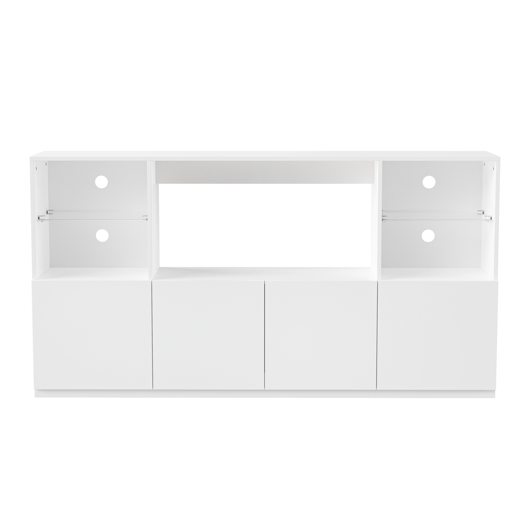 ON-TREND High Gloss TV Stand with LED Lights, Modern Sideboard with Large Storage Cabinet, Media Console with Tempered Glass Shelves for TVs up to 75', Living Room, White, 67'Wx13.7'D