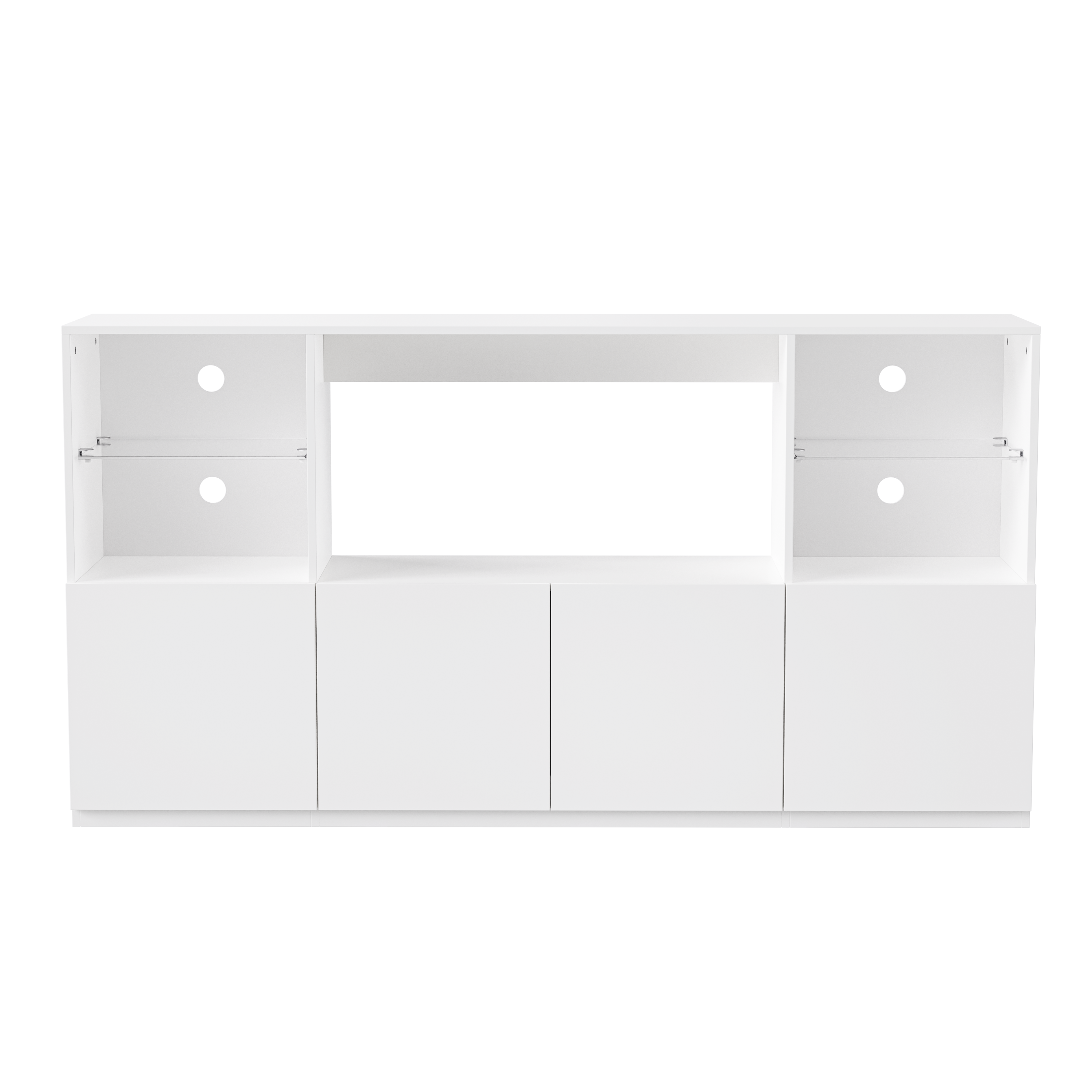 ON-TREND High Gloss TV Stand with LED Lights, Modern Sideboard with Large Storage Cabinet, Media Console with Tempered Glass Shelves for TVs up to 75', Living Room, White, 67'Wx13.7'D