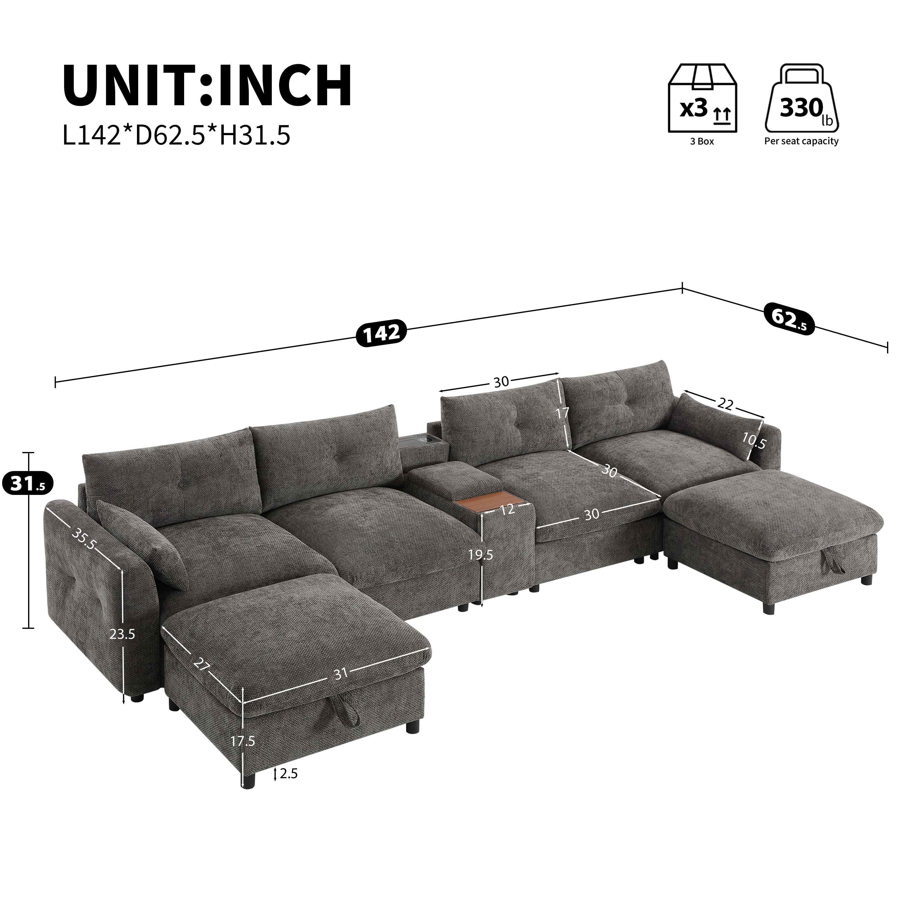 [VIDEO+NEW]142'' Modular Sectional Sofa with Movable Storage Ottoman and Console,Cup Holder,Wide Seat,6 Seat U Shaped Couch,Oversized Chenille Sofa with USB Charger for Living Room,Apartment,2 Colors