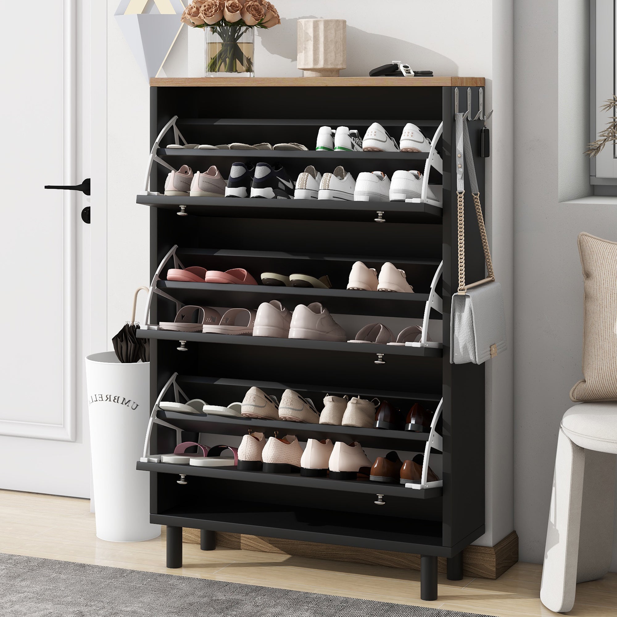 ON-TREND Narrow Design Tipping Bucket Shoe Cabinet with 3 Flip Drawers, Wood Grain Pattern Top Entryway Organizer with 3 Hooks, Free Standing Shoe Rack with Adjustable Panel for Hallway, Black