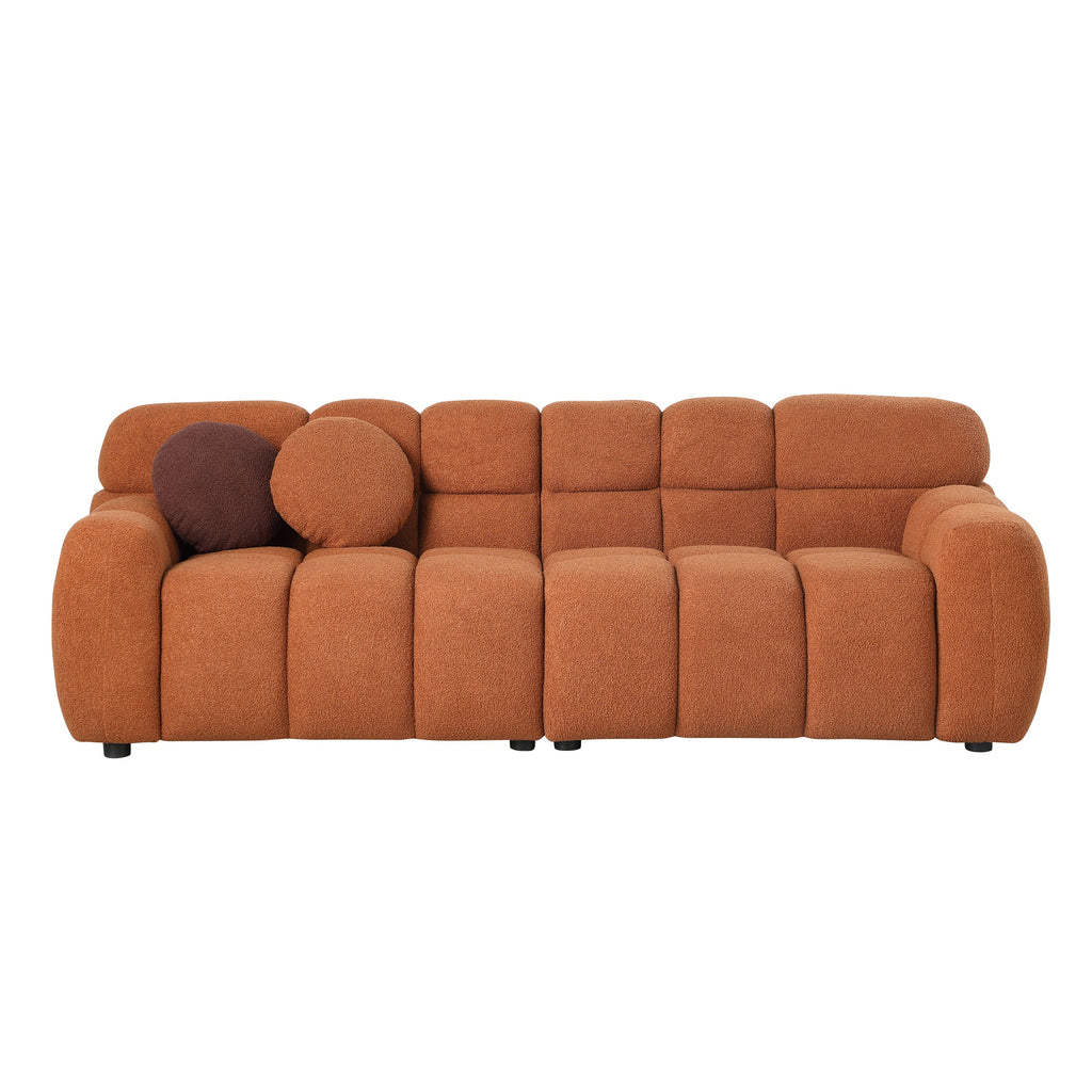 87.4 length ,35.83' deepth ,human body structure for USA people,  marshmallow sofa,boucle sofa ,3 seater, LIGHT BROWN   BOUCLE
