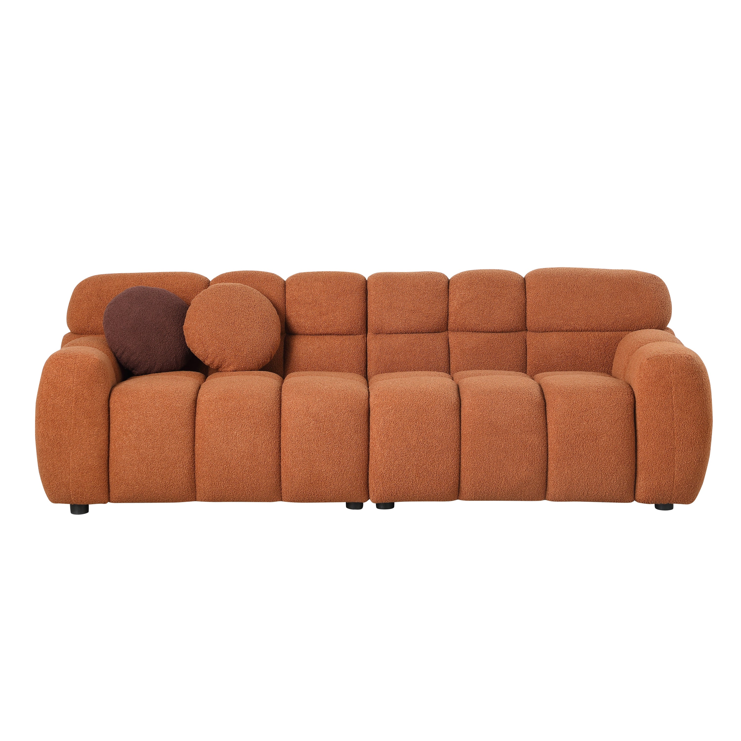 87.4 length ,35.83' deepth ,human body structure for USA people,  marshmallow sofa,boucle sofa ,3 seater, LIGHT BROWN   BOUCLE