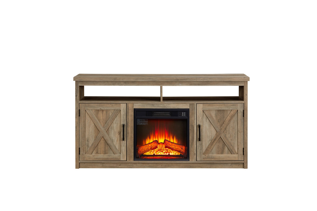Farmhouse TV Media Stand, Large Barn Inspired Home Entertainment Console, with 18' Fireplace Insert, for TV Up to 65'', with Open Shelves and Closed Cabinets, Gray Wash 57.87*15.75*30.31