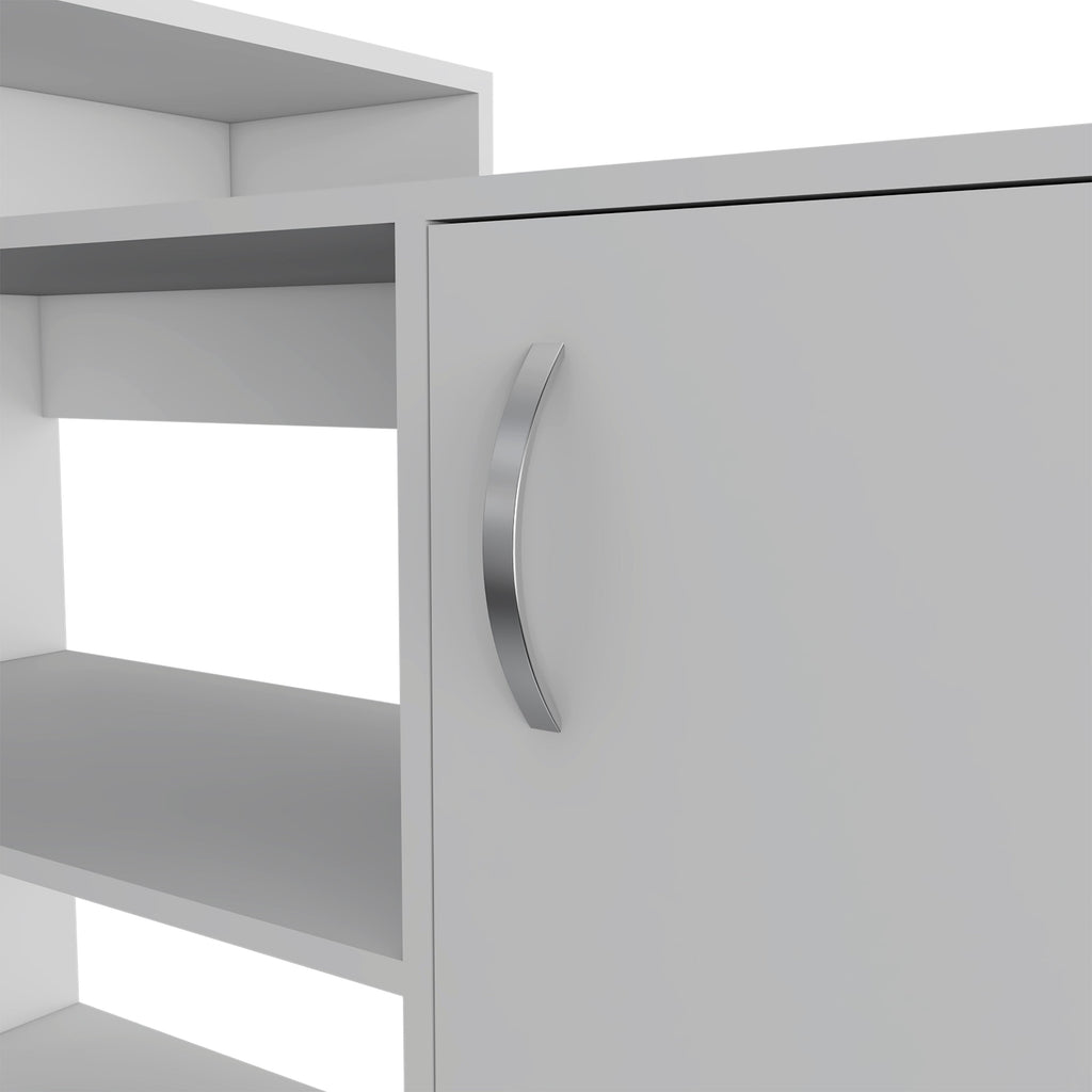 Dallas L-Shaped Home Office Desk, Two Shelves, Single Door Cabinet