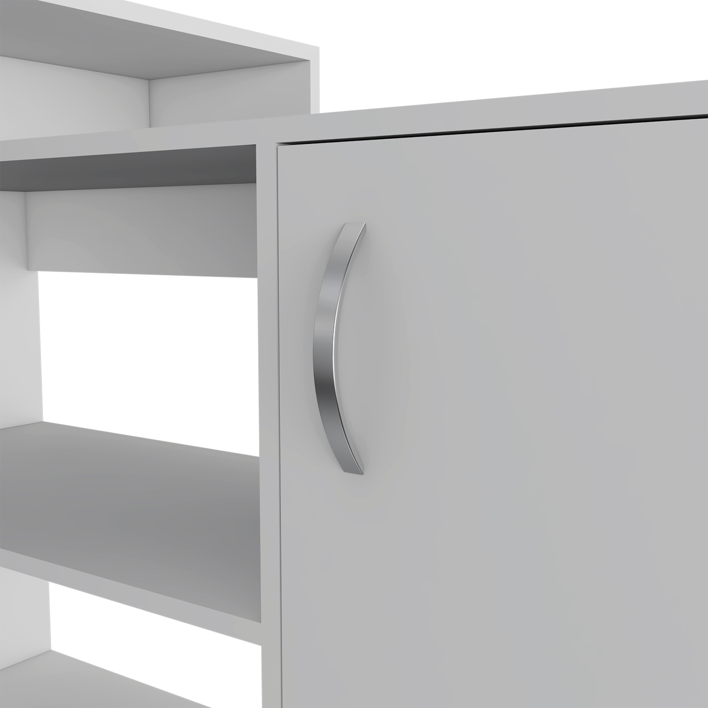 Dallas L-Shaped Home Office Desk, Two Shelves, Single Door Cabinet
