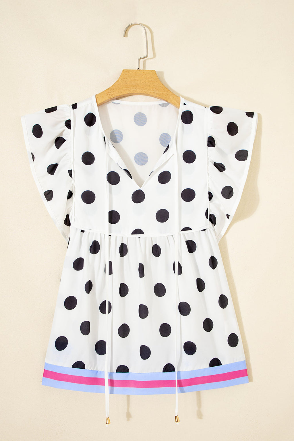 Polka Dot Stripe Patchwork Flutter Sleeve Babydoll Blouse