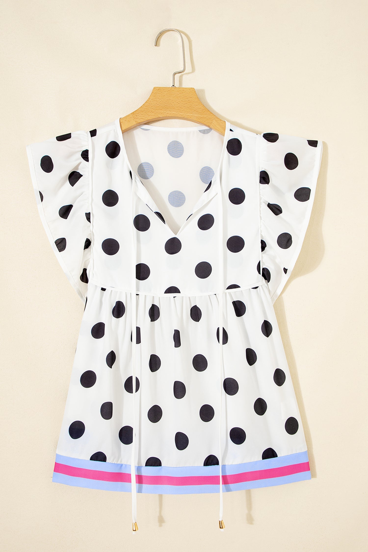 Polka Dot Stripe Patchwork Flutter Sleeve Babydoll Blouse