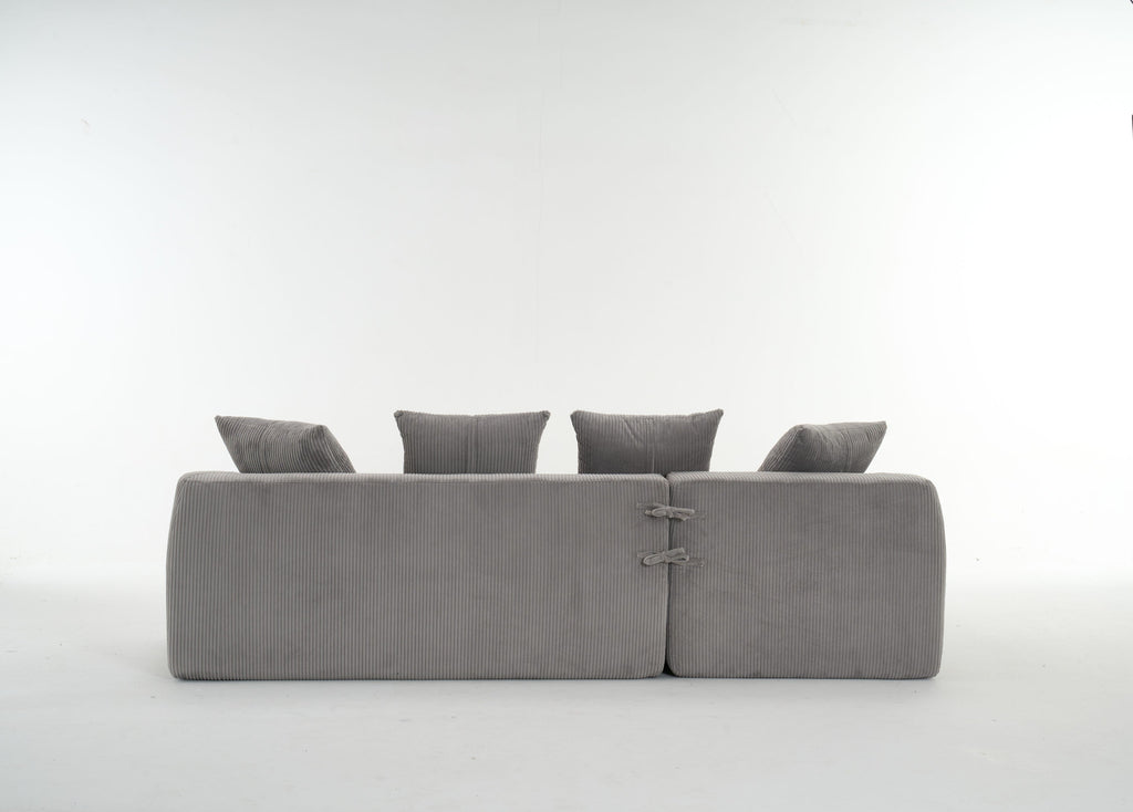 LY-023 LIGHT GREY COMPRESSION SOFA: Combining chaise longue with 3-seater, Corduroy Fabric, full sponge compression sofa,combined sofa with 4 pillows for living/ Home Furniture/ Apartment