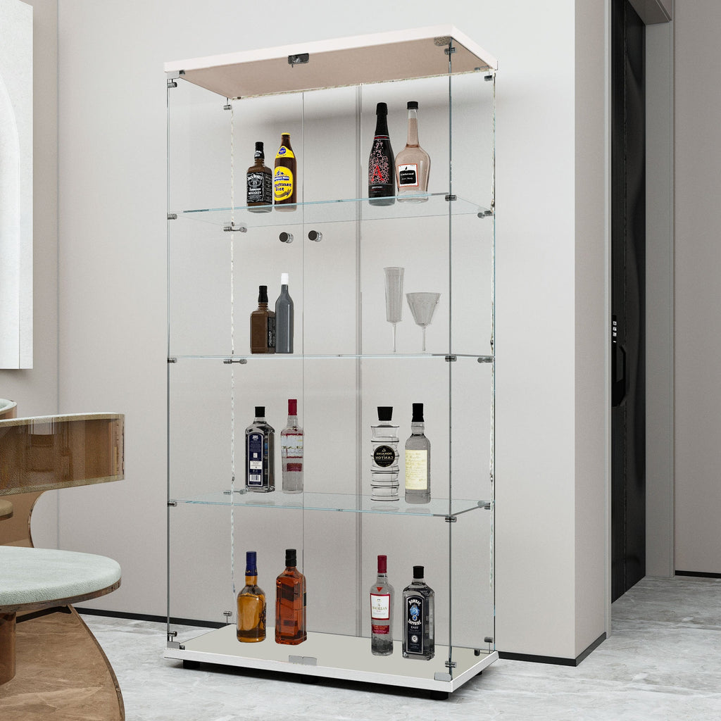 Tempered glass display cabinet, wine cabinet,storage cabinet,file cabinet,with Bluetooth LED light strip,lock on the door,equipped with cast,easy to move,for living room, bedroom,hallway,Office,white