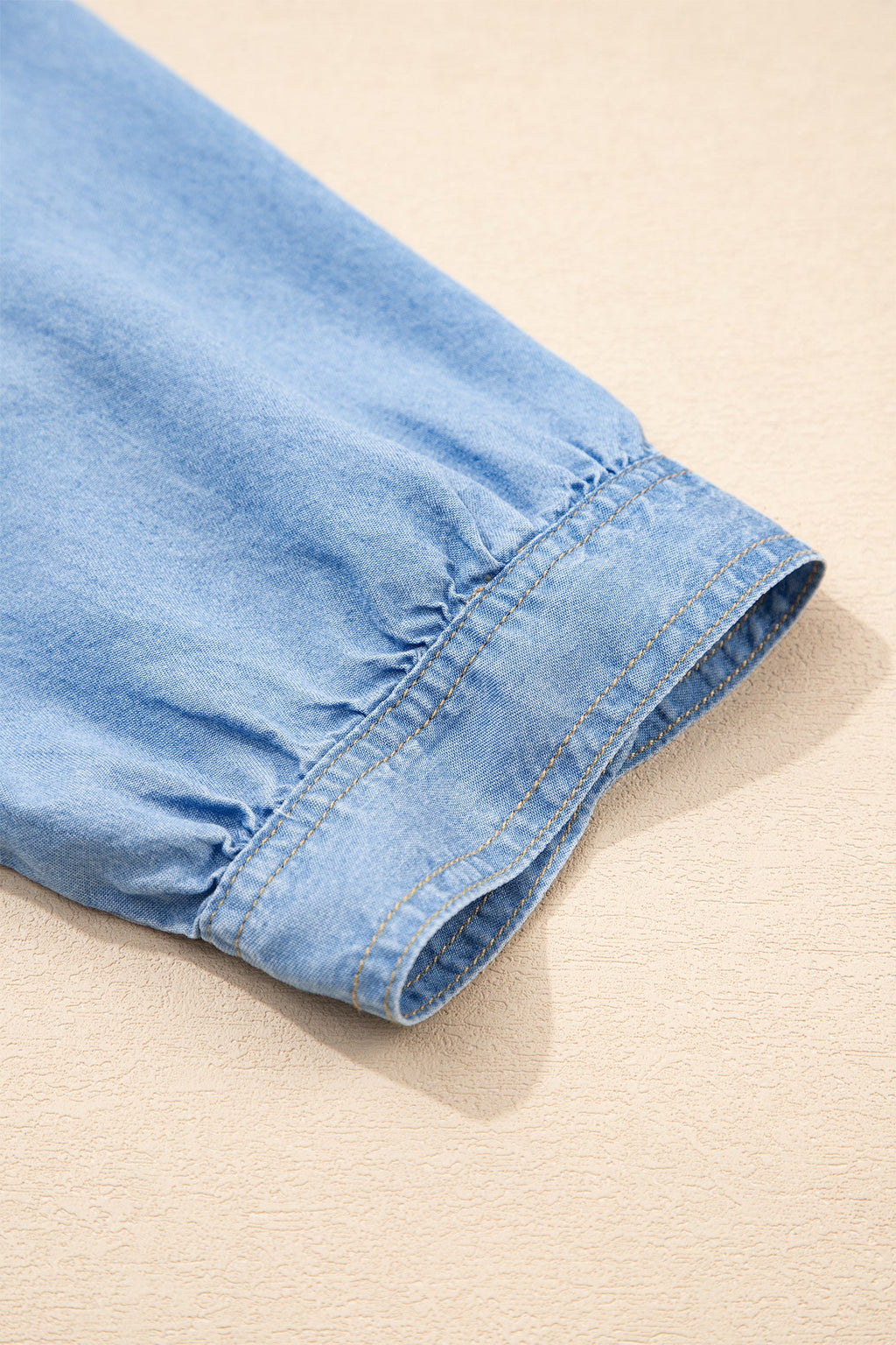 Denim Chambray Ruffle 3/4 Sleeve Buttoned Shirt
