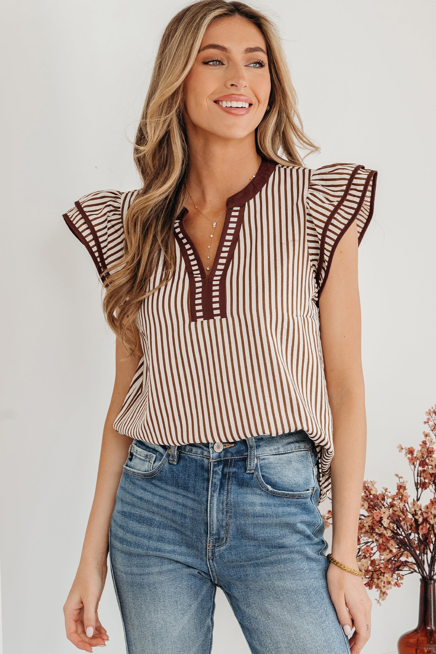 Stripe Double Ruffle Short Sleeve V-Neck Blouse