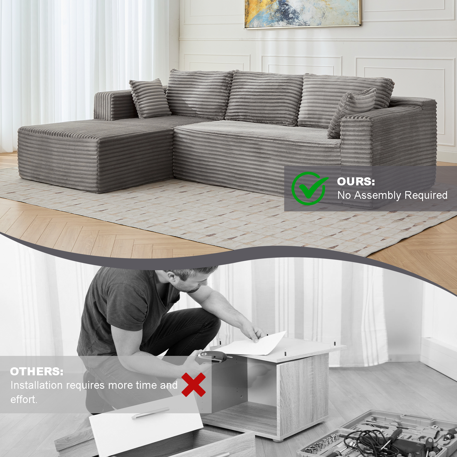 Compression Sectional Couch with Comfy Chaise, Boneless L Shape Sofa with Deep Seat, Minimalist Modular Couches Sleeper for Living Room Bedroom Apartment Lounge,corduroy,Grey