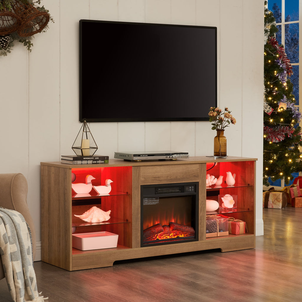 TV Stand Electric Fireplace  Glass Shelves, 3D Fireplace TV Stand with LED Lights Wood with USB Charging Outlet Modern Television Table Center for TV up to 62' OAK 58''W*15.5''D*24.4
