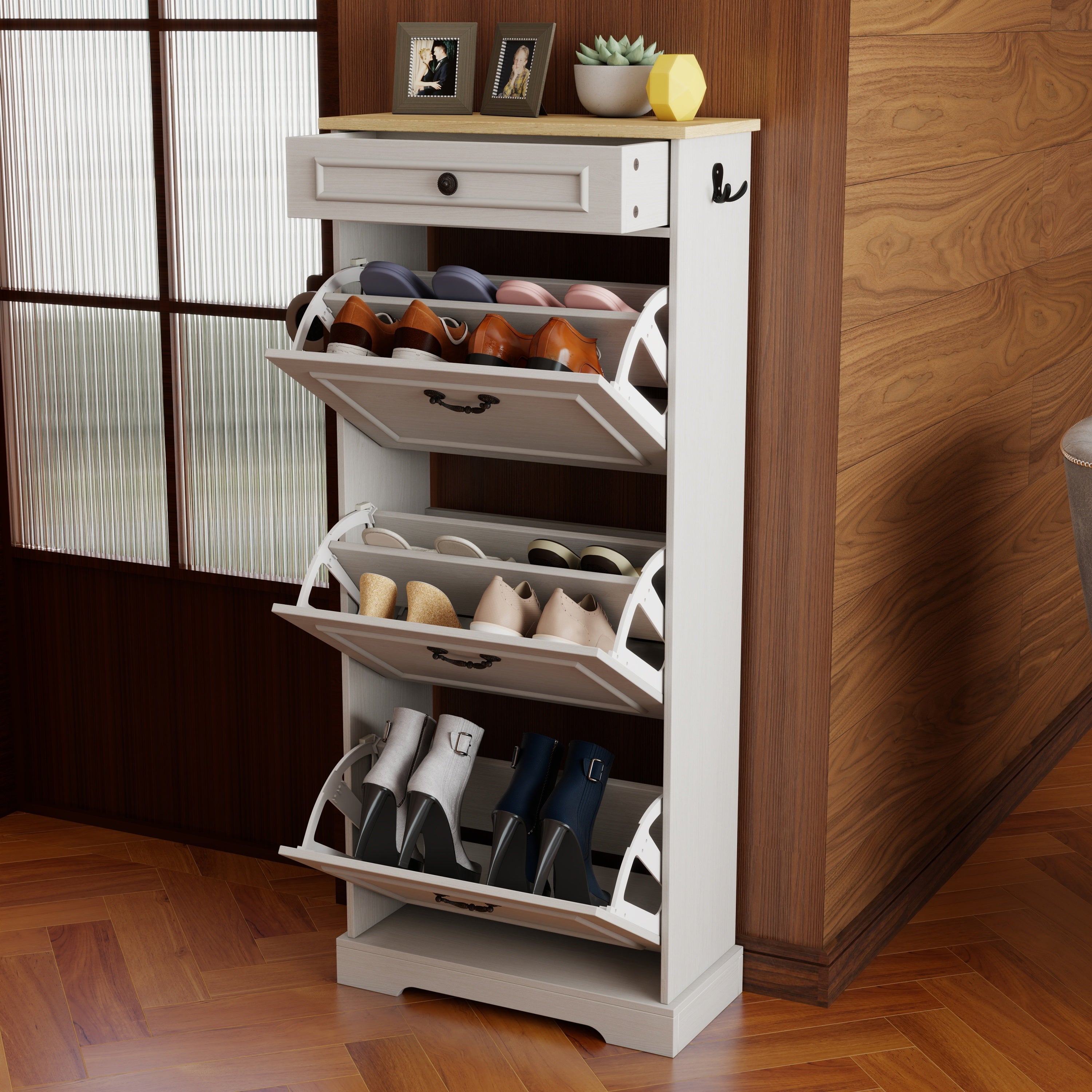 Shoe Storage Cabinet with 1 Drawer, 3 Flip Drawers, Freestanding Shoe Cabinet Organizer with Adjustable Shelf, Shoe Cabinet for Entryway, Foyer, Slim Shoe Cabinet-Antique White