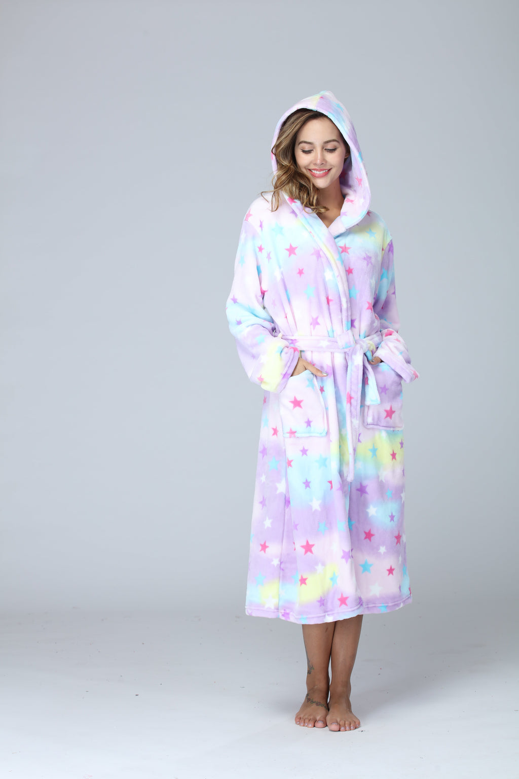 Ladies Tie Dye Long Fleece Bathrobe
