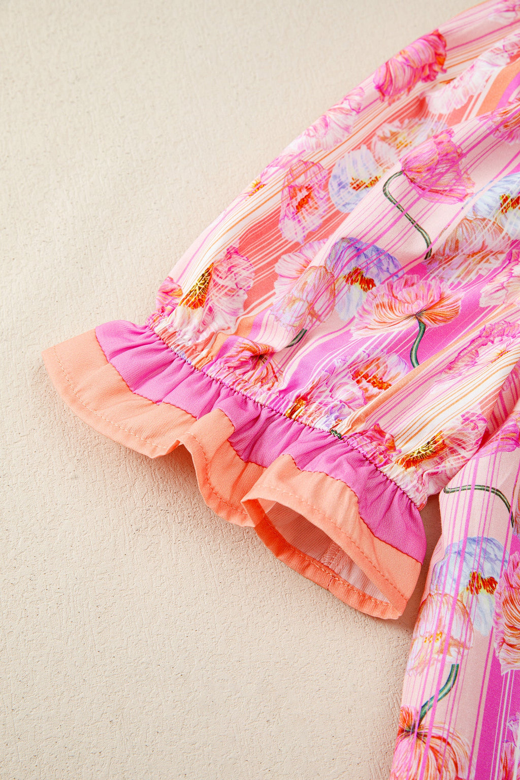 Floral Poppy Stripe Colorblock V-Neck Short Sleeve Blouse