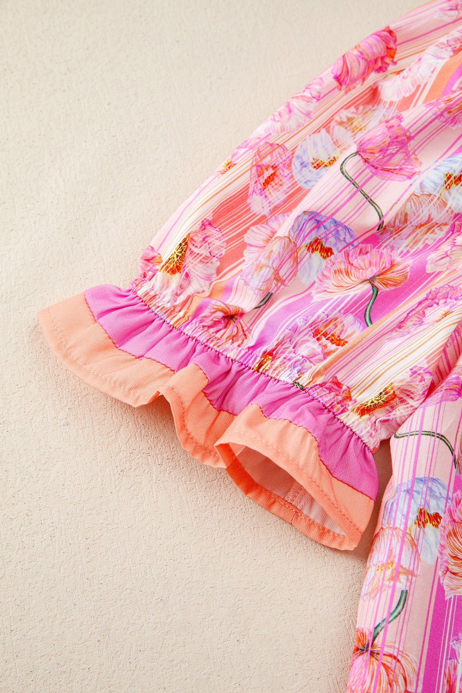 Floral Poppy Stripe Colorblock V-Neck Short Sleeve Blouse