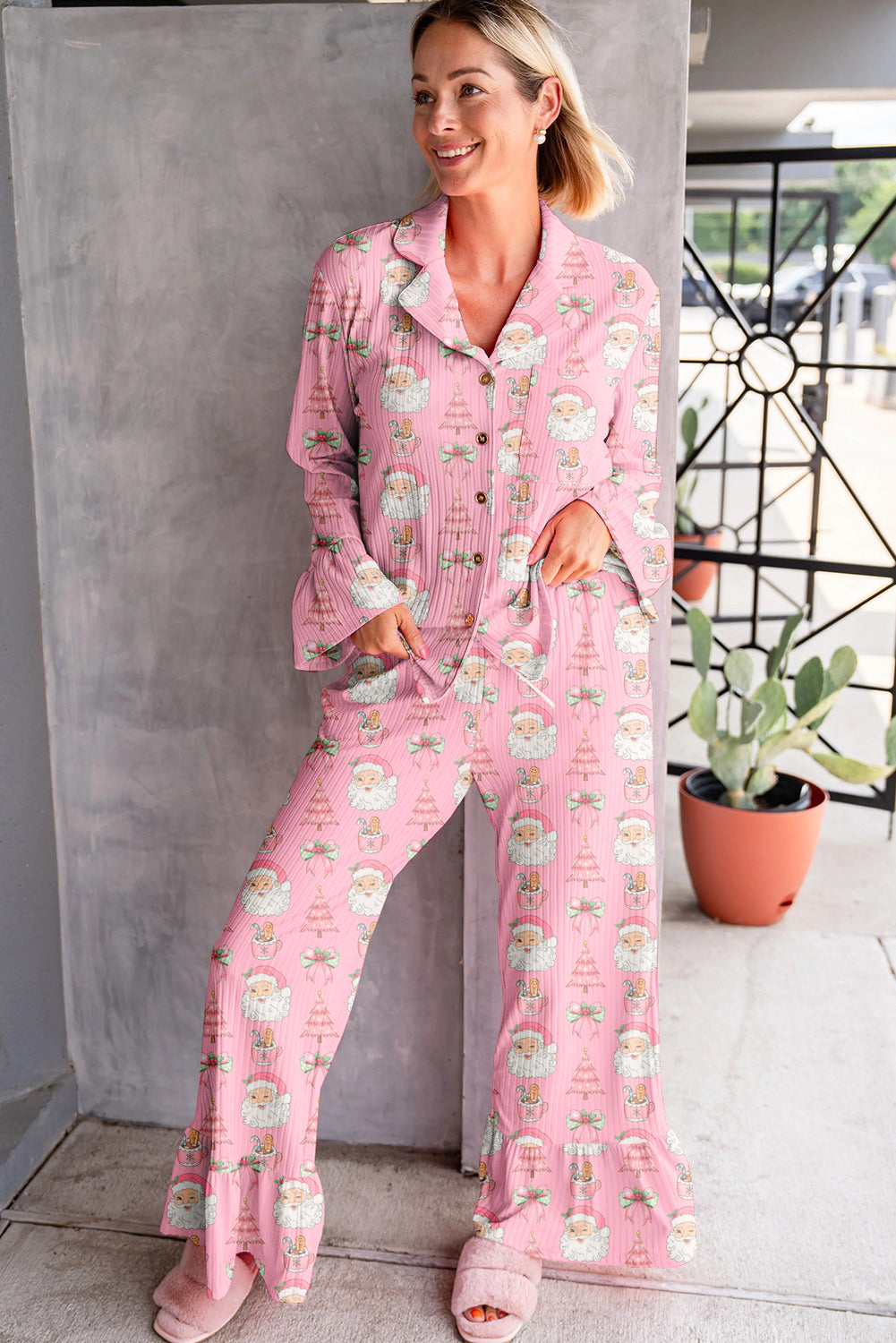 Pink Christmas Print Ruffle Ribbed Pajama Set With Shirt And Pants