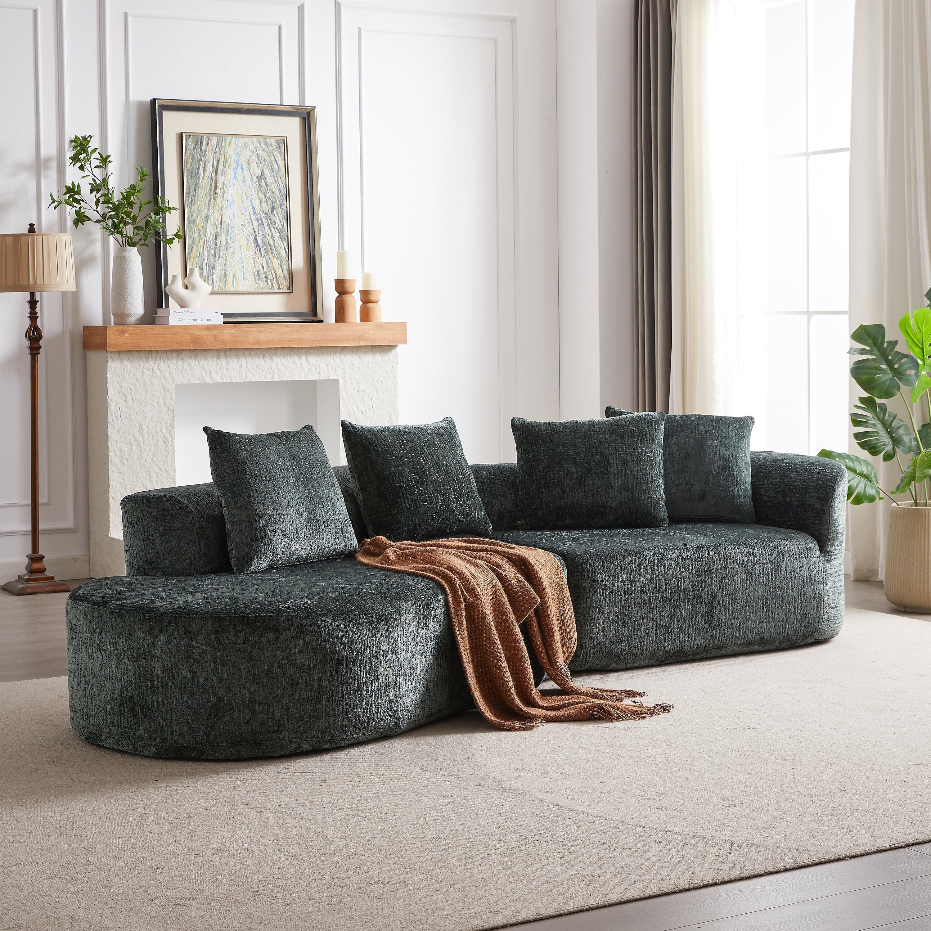 Modern Upholstered Oversized Sectional Sofa, 114-Inch Chenille 4-Seater Extra Deep & Wide Seat Curved Cloud Couch with 4 Throw Pillows, Free Combination Sofa Couch for Living Room,Bedroom
