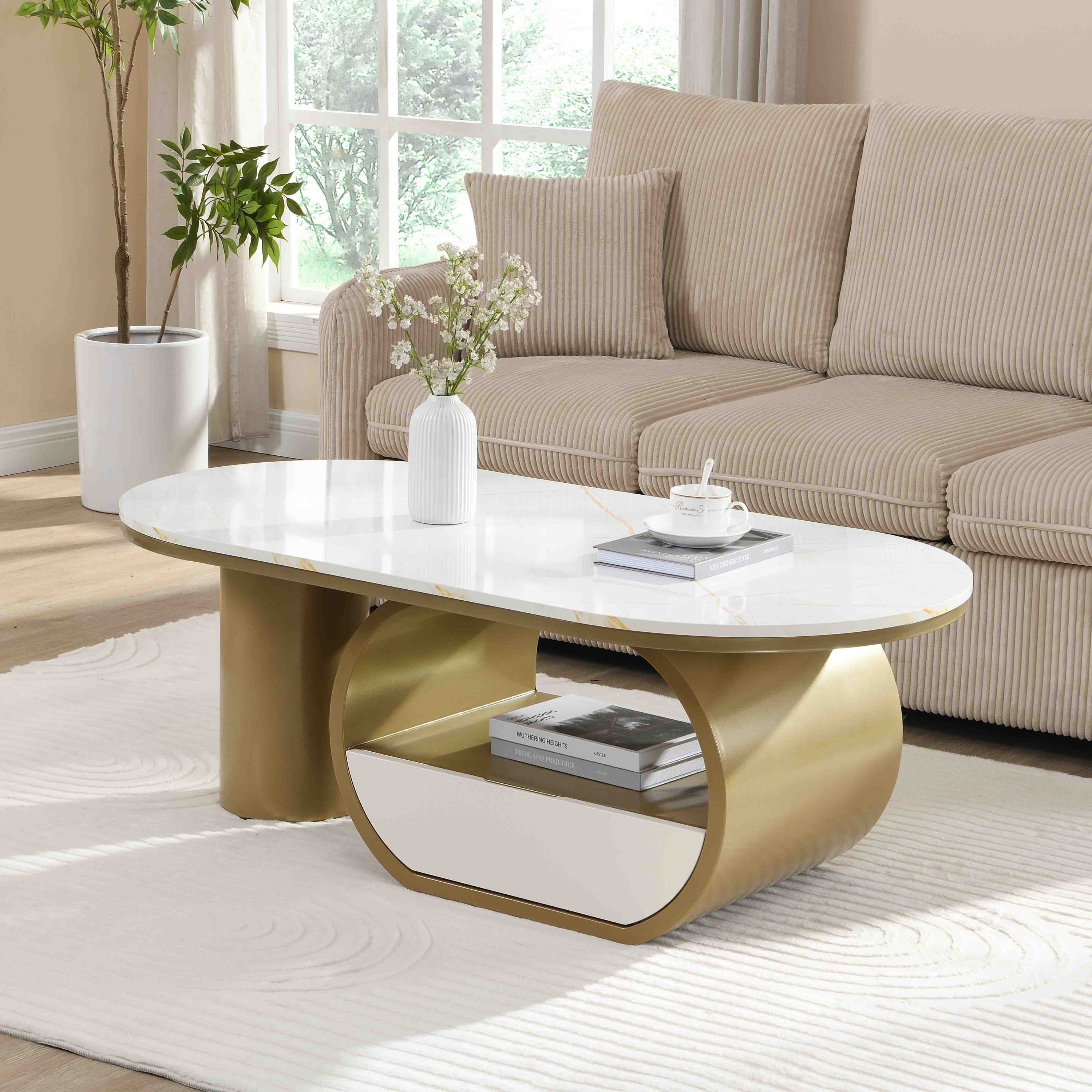 Luxury Modern Oval Coffee Table, 47.24'' Coffee Table with Storage Drawer, Faux Marble Top, Golden Metal Center Table for Living Room