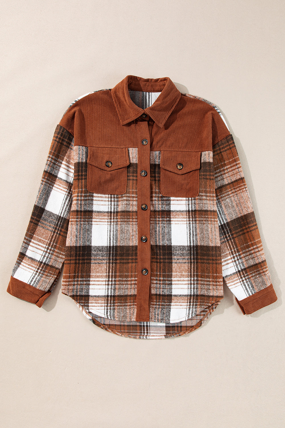 Plaid Corduroy Patchwork Chest Pocket Buttoned Shacket