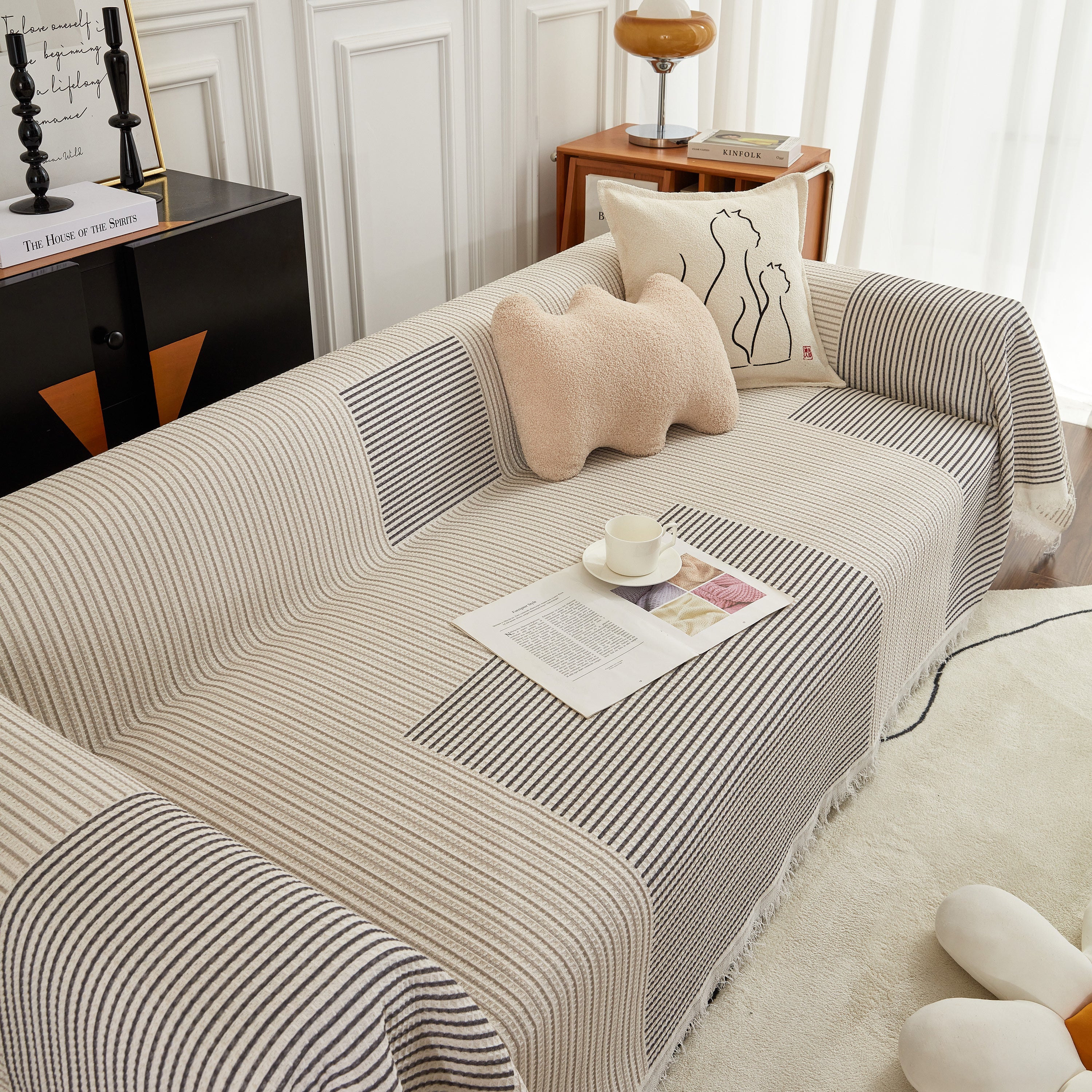 Cotton Jacquard Striped Sofa Cover Throw, Couch Covers for Dogs, Sectional Sofa Protector