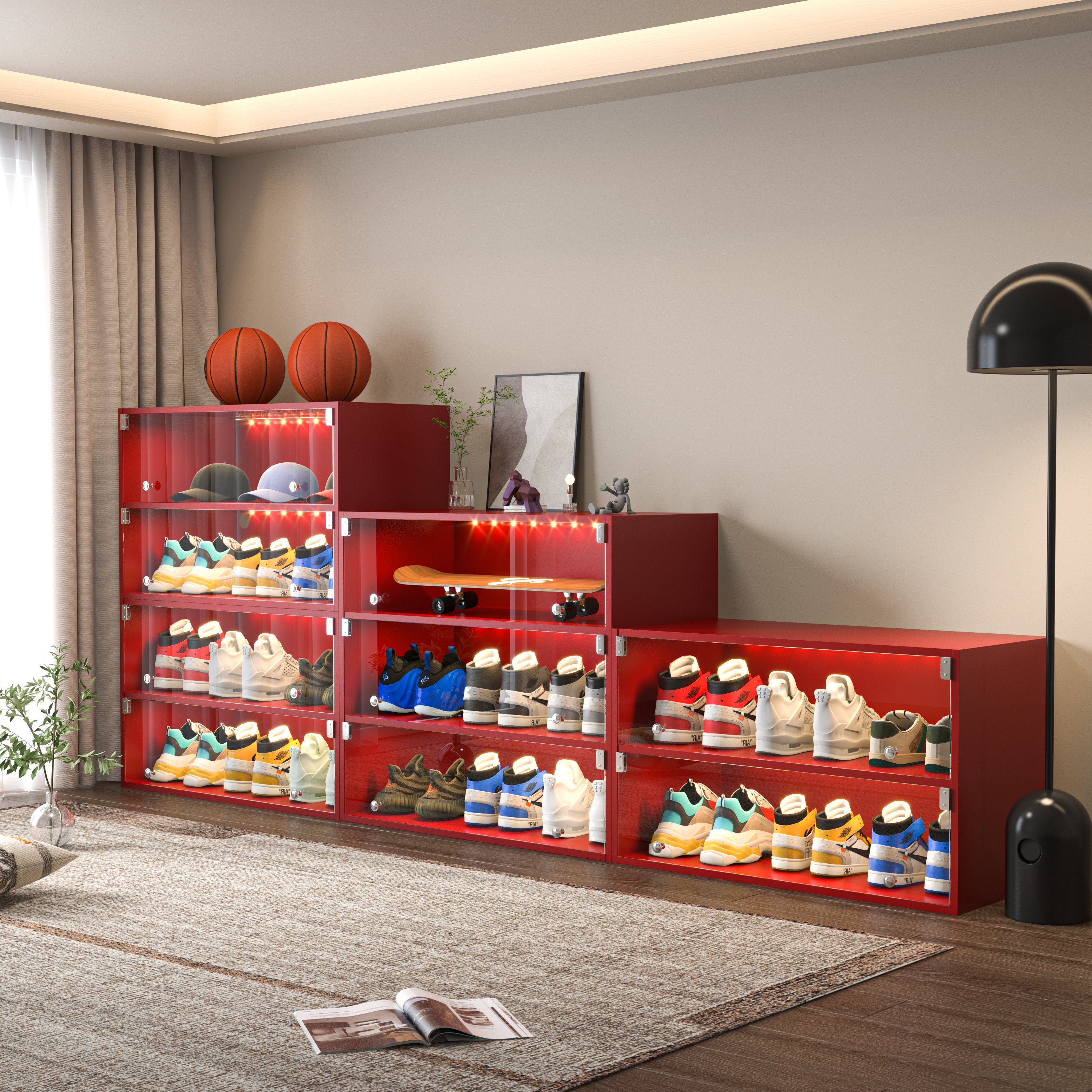 Red Glass Door Shoe Box Shoe Storage Cabinet For Sneakers With RGB Led Light