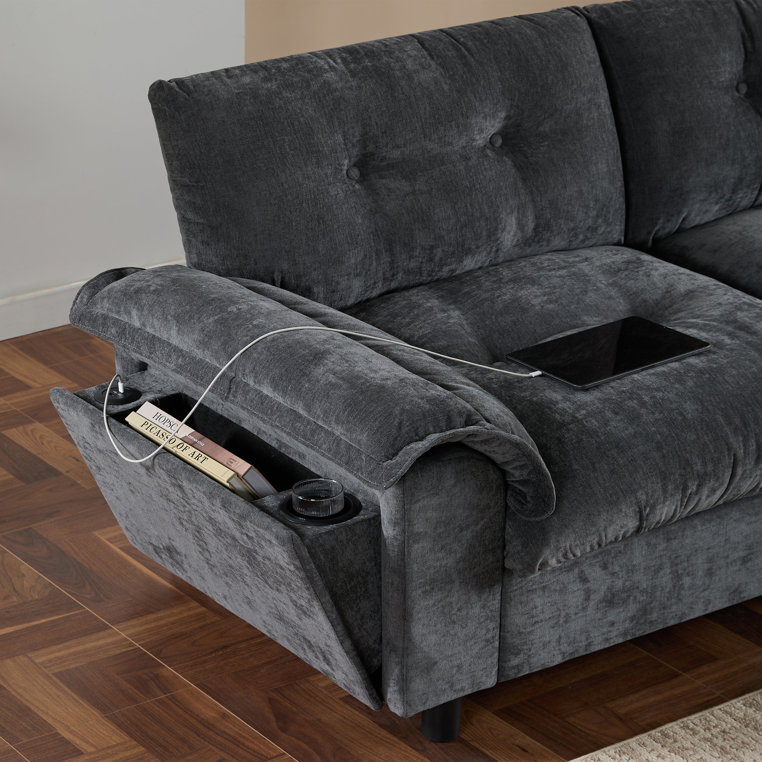 [VIDEO]104*60' Sectional Sofa, L-Shape with Multifunctional Armrest, Dual-Port Charging, Cup Holder, Side Storage Pockets, Movable Storage Ottoman, Unique Tufted Design, Soft Cushion, Chenille,3colors