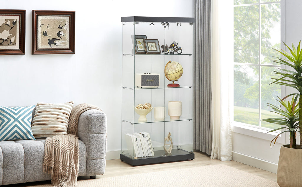 4-Tier Glass Display Cabinet, Double Door Glass Cabinet, Four Partitions, Two Locks, Floor Standing Storage Cabinet for Living Room, Bedroom, Showroom and Office, Black, 31.5'L x 14.2'W x 66.3'H
