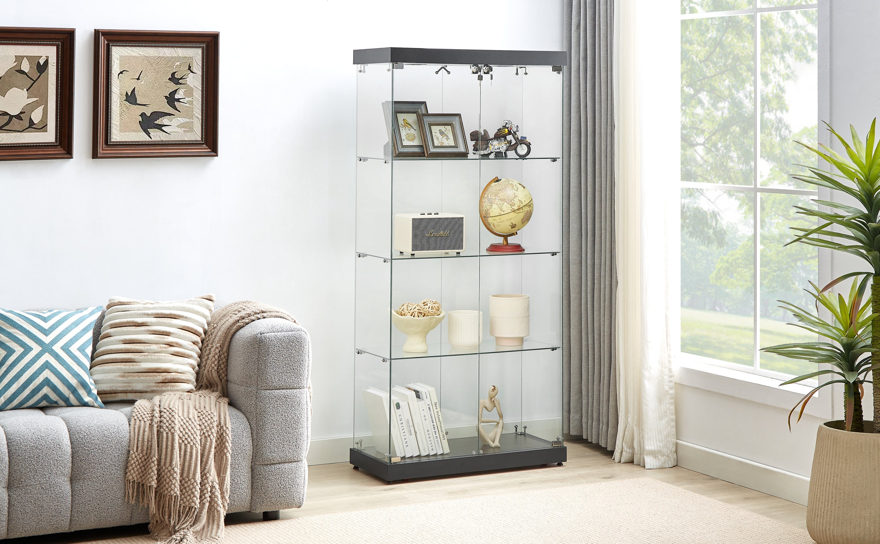 4-Tier Glass Display Cabinet, Double Door Glass Cabinet, Four Partitions, Two Locks, Floor Standing Storage Cabinet for Living Room, Bedroom, Showroom and Office, Black, 31.5'L x 14.2'W x 66.3'H