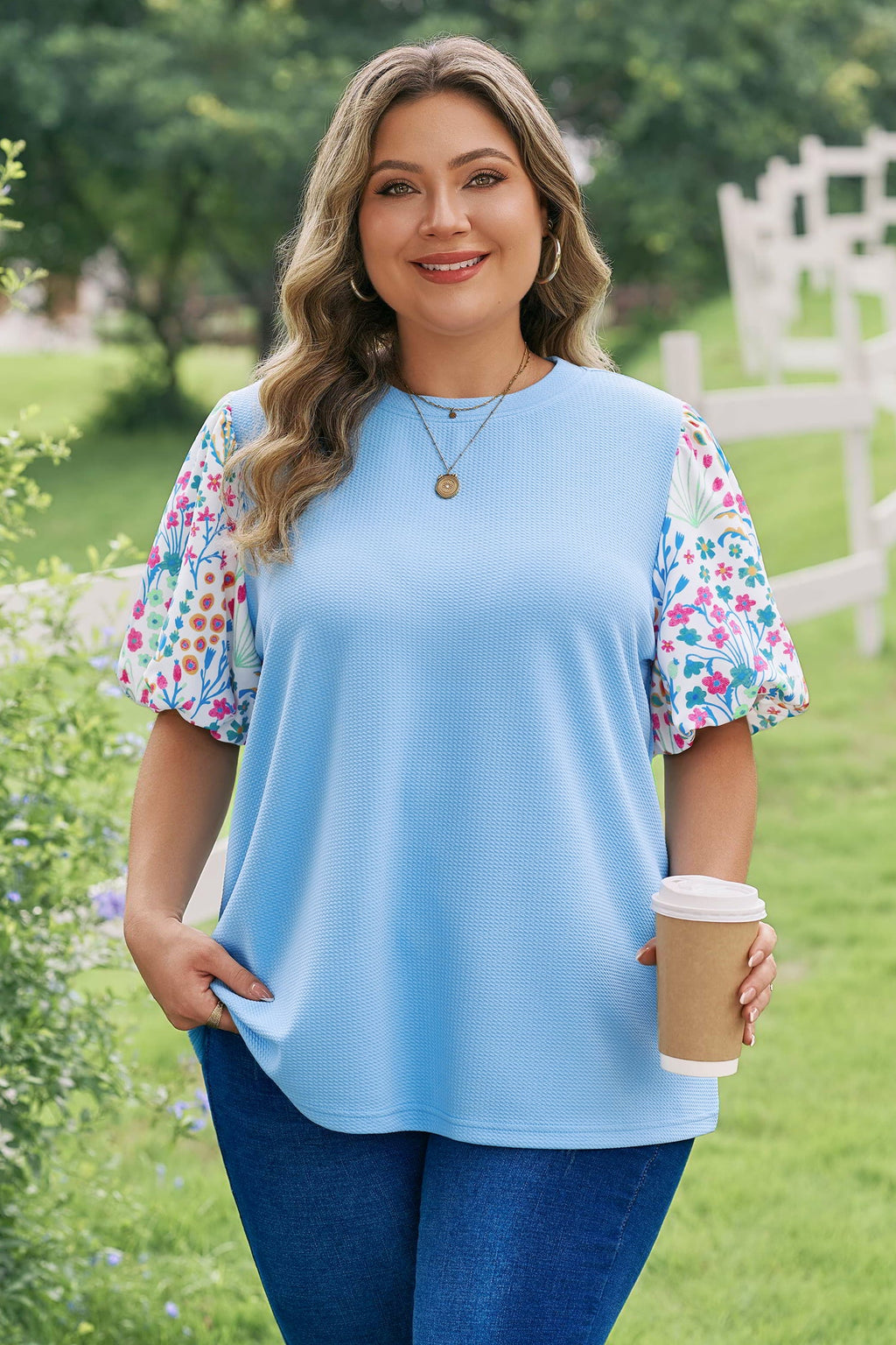 Plus Size Floral Patchwork Puff Sleeve Textured Top