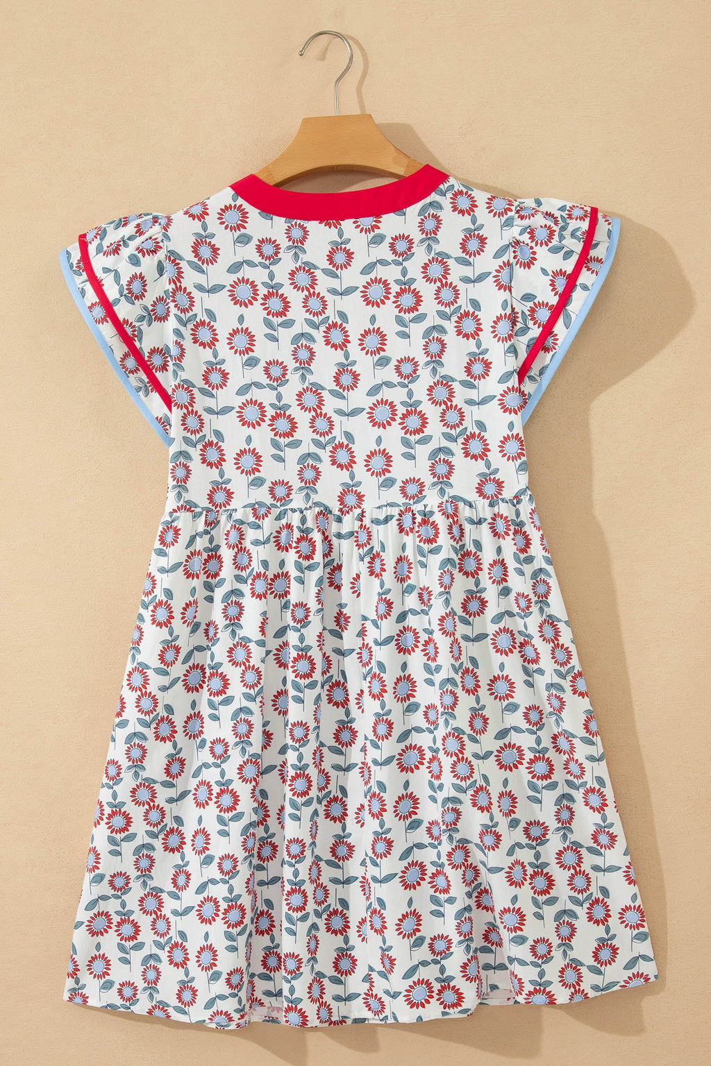 Floral Contrast Trim V-Neck Flutter Sleeve Mini Dress